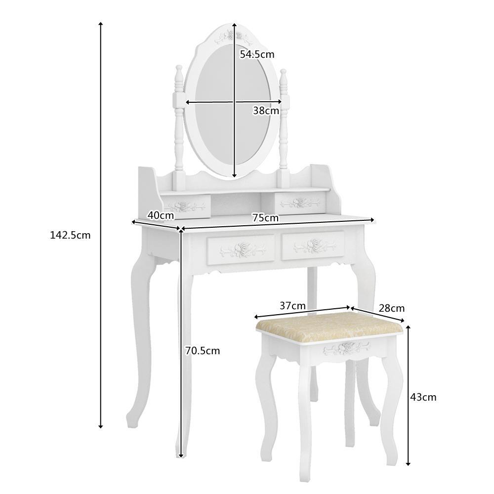White Vanity Makeup Dressing Table Set w/Stool 4 Drawer&Mirror Jewelry Wood Desk