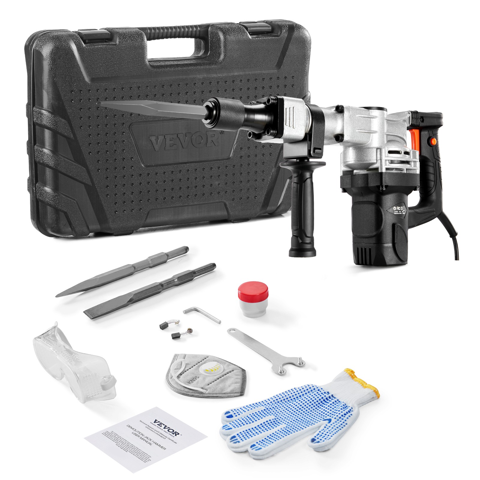 VEVOR Demolition Jack Hammer Concrete Breaker 1400W Hammer 2 Chisel Bit Black