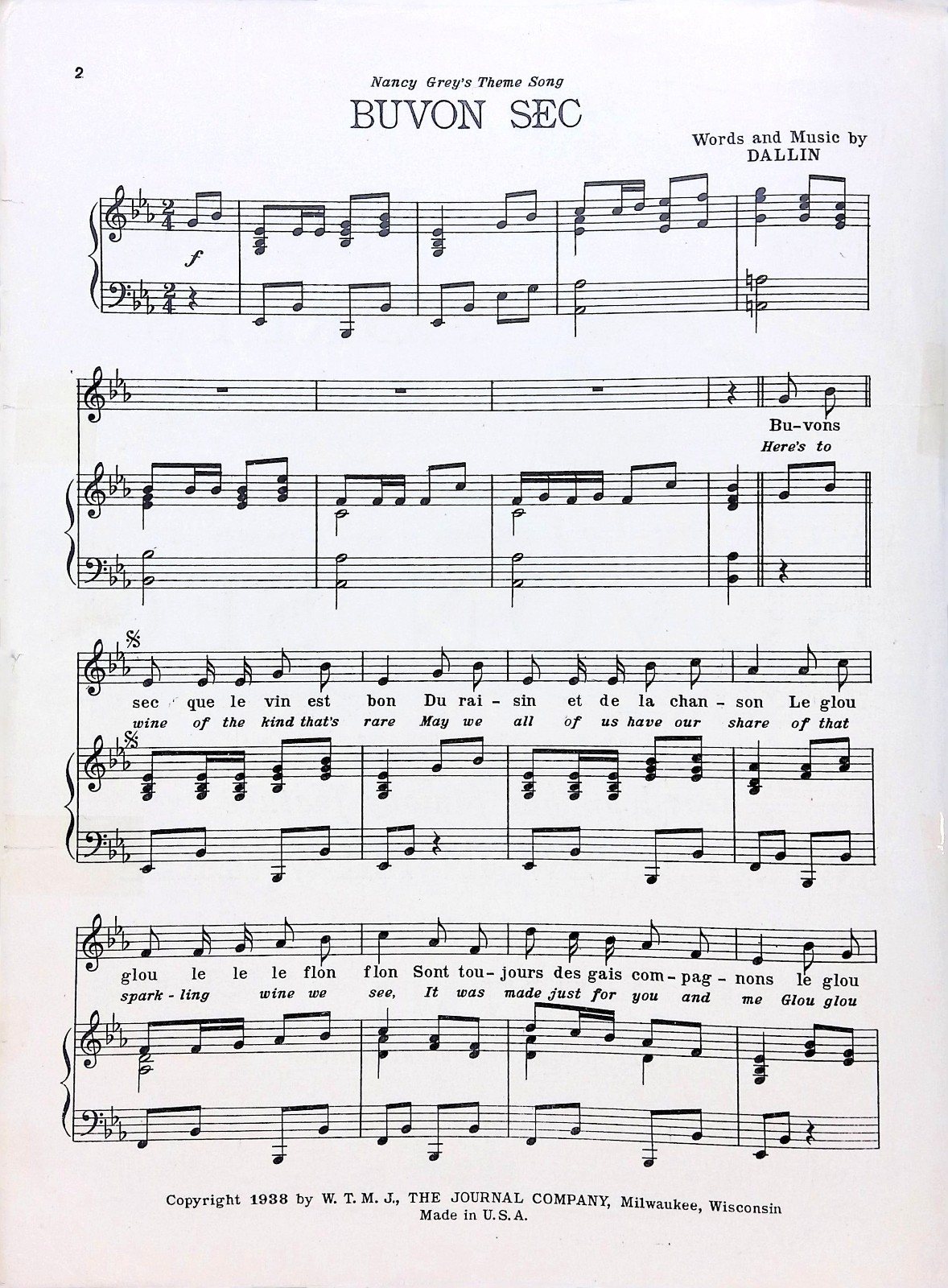 Buvon Sec Sheet Music Nancy Grey Theme Song What's New In Milwaukee WTMJ Radio