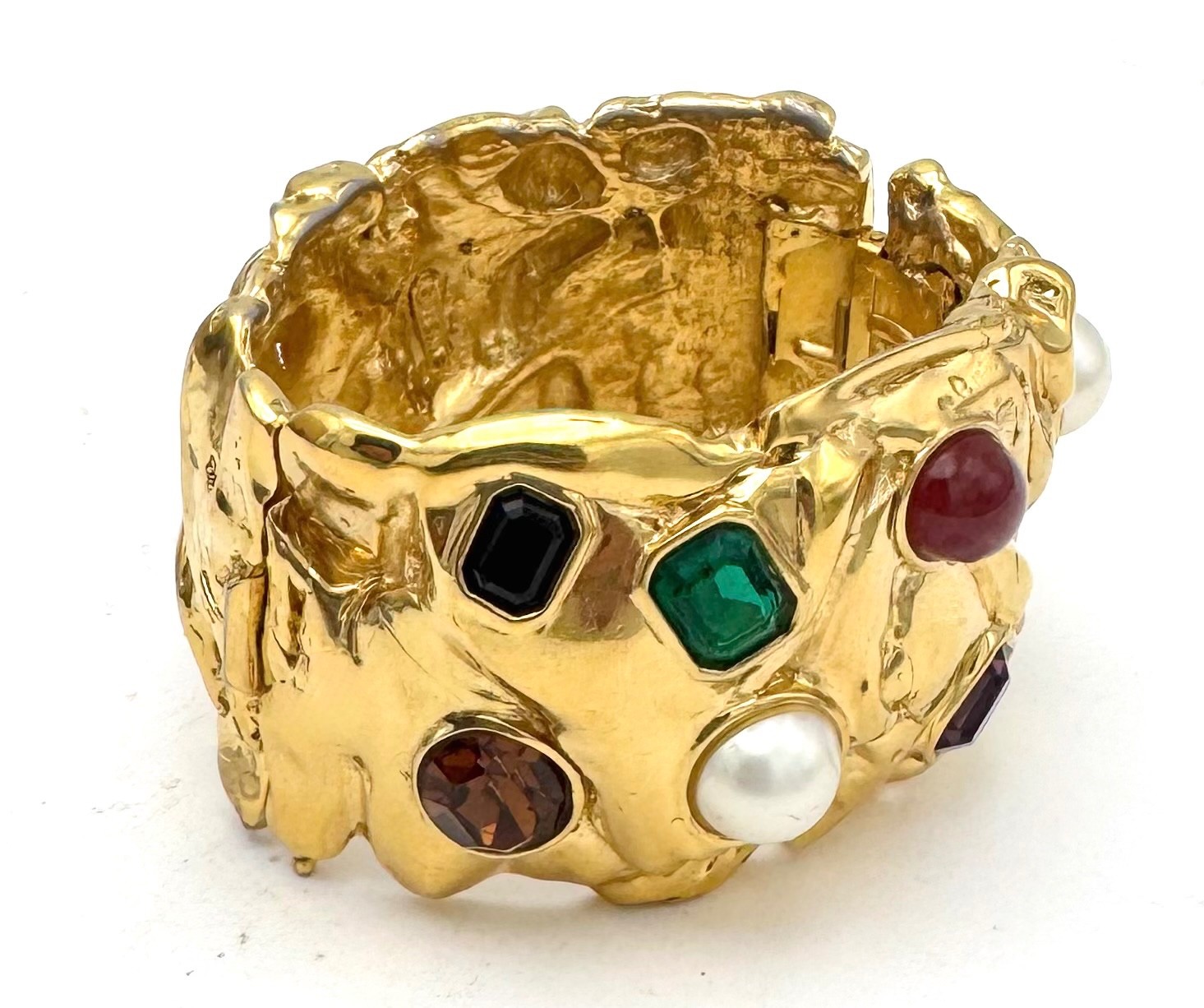 Vintage Ciner Mogul Gold Tone Pearl Gemstone Heavy Clamper Statement Bracelet