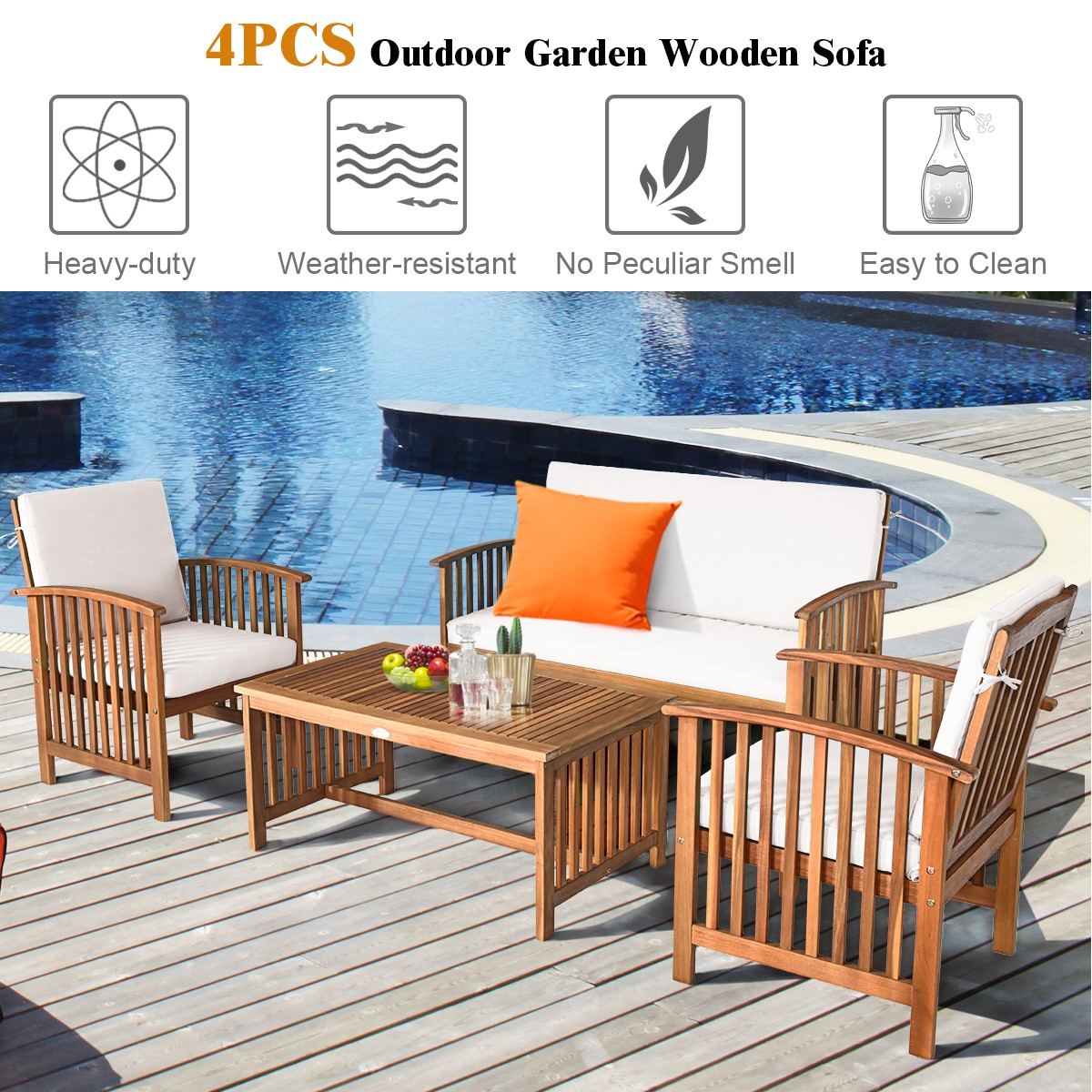 8PCS Patio Solid Wood Furniture Set Conversation Coffee Table W/White Cushion
