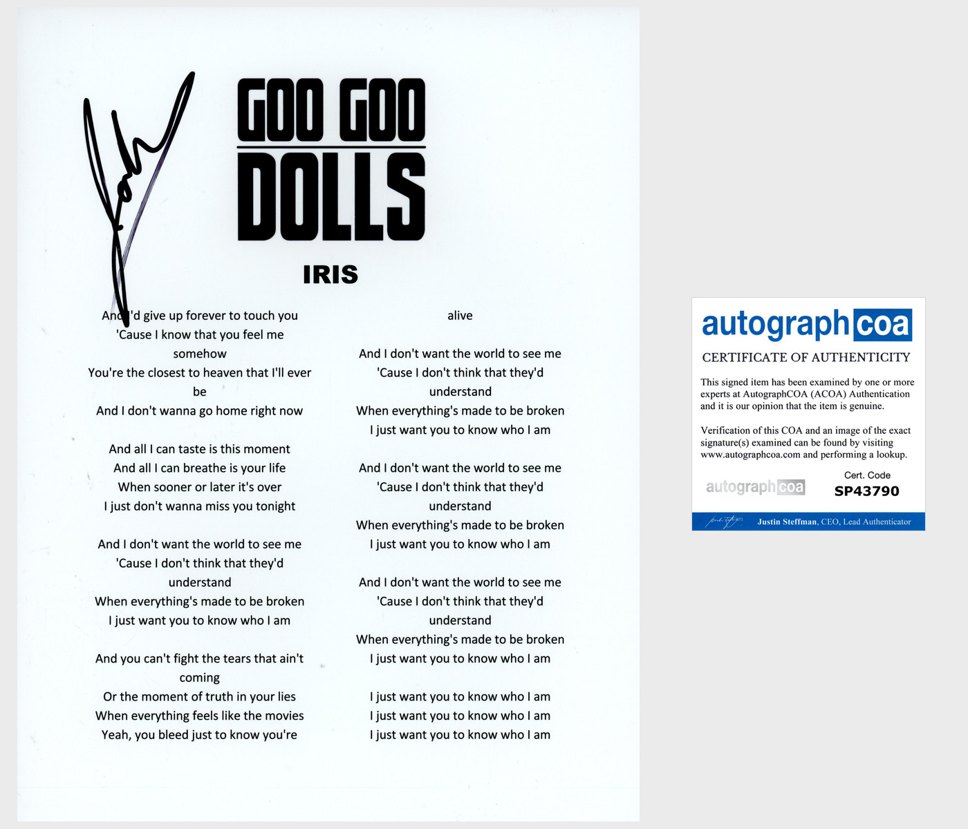 JOHNNY RZEZNIK GOO GOO DOLLS SIGNED IRIS LYRIC SHEET EXACT PROOF & AUTOGRAPH COA