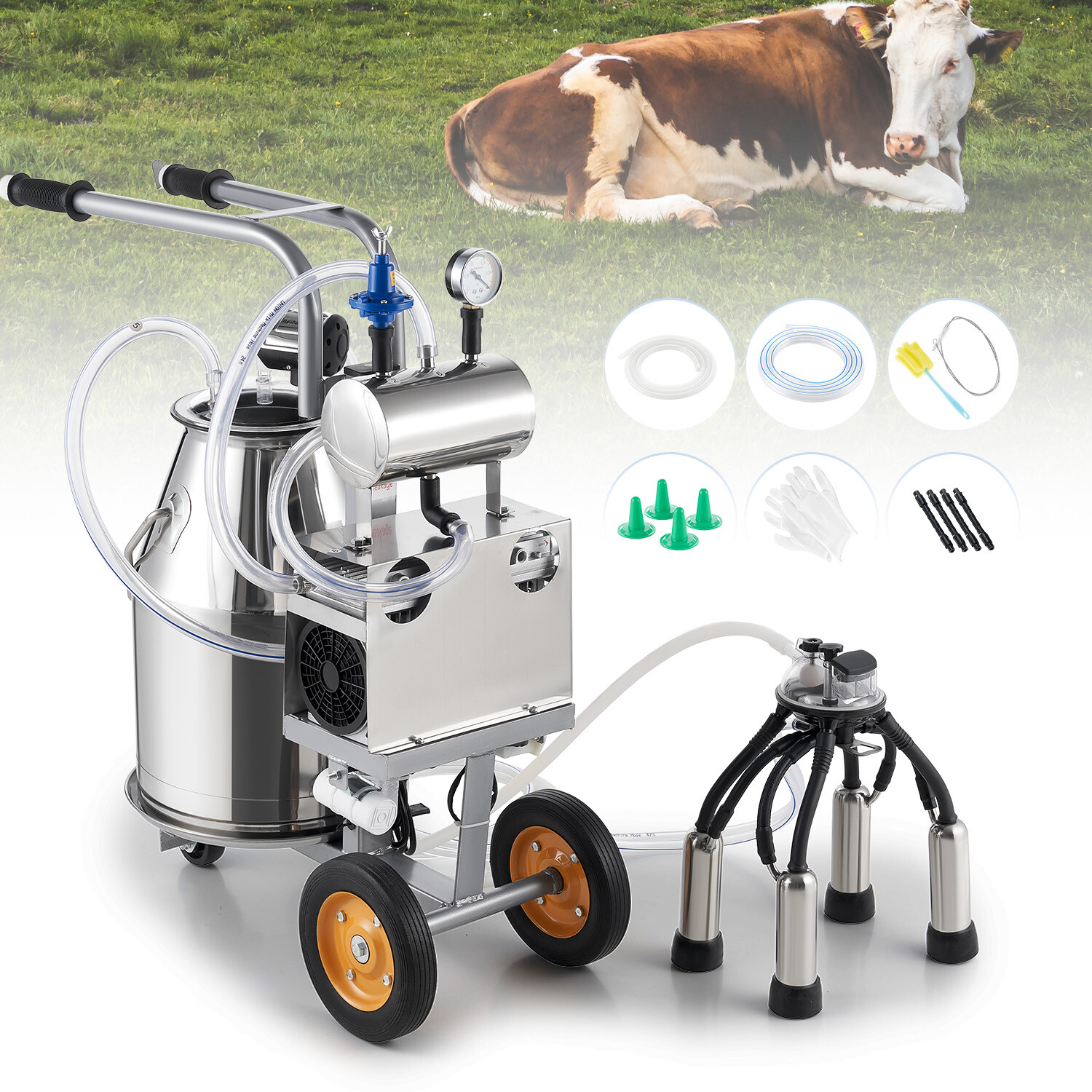 CREWORKS Electric Milking Machine Cow Milking Equipment 25L 304 Stainless Steel