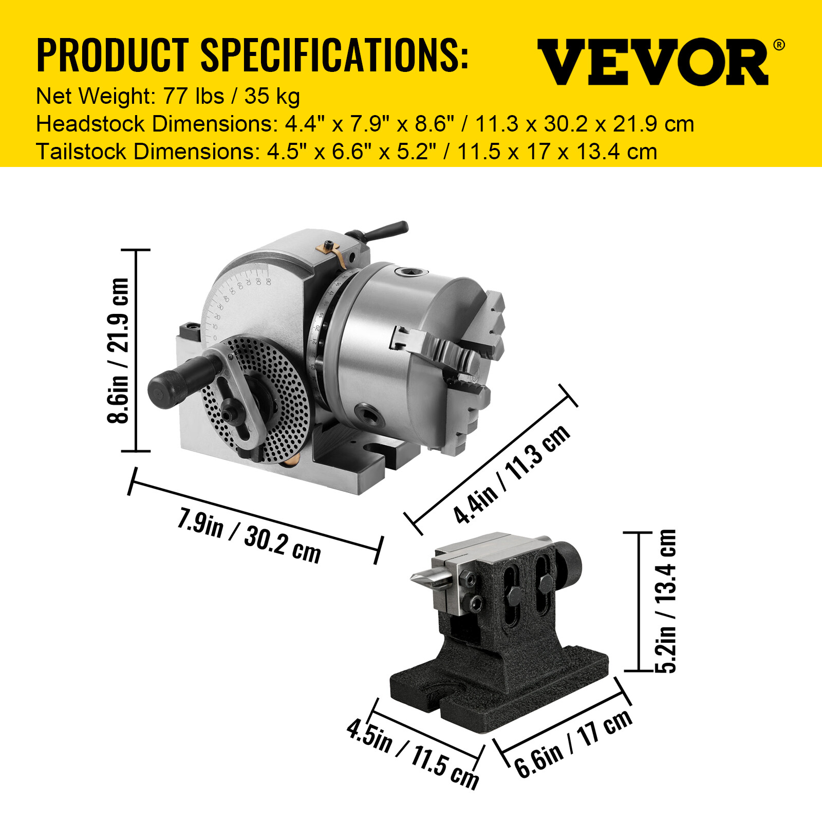 VEVOR Indexing Dividing Head 6" 3 Jaw Chuck & Tailstock for CNC Milling Machine