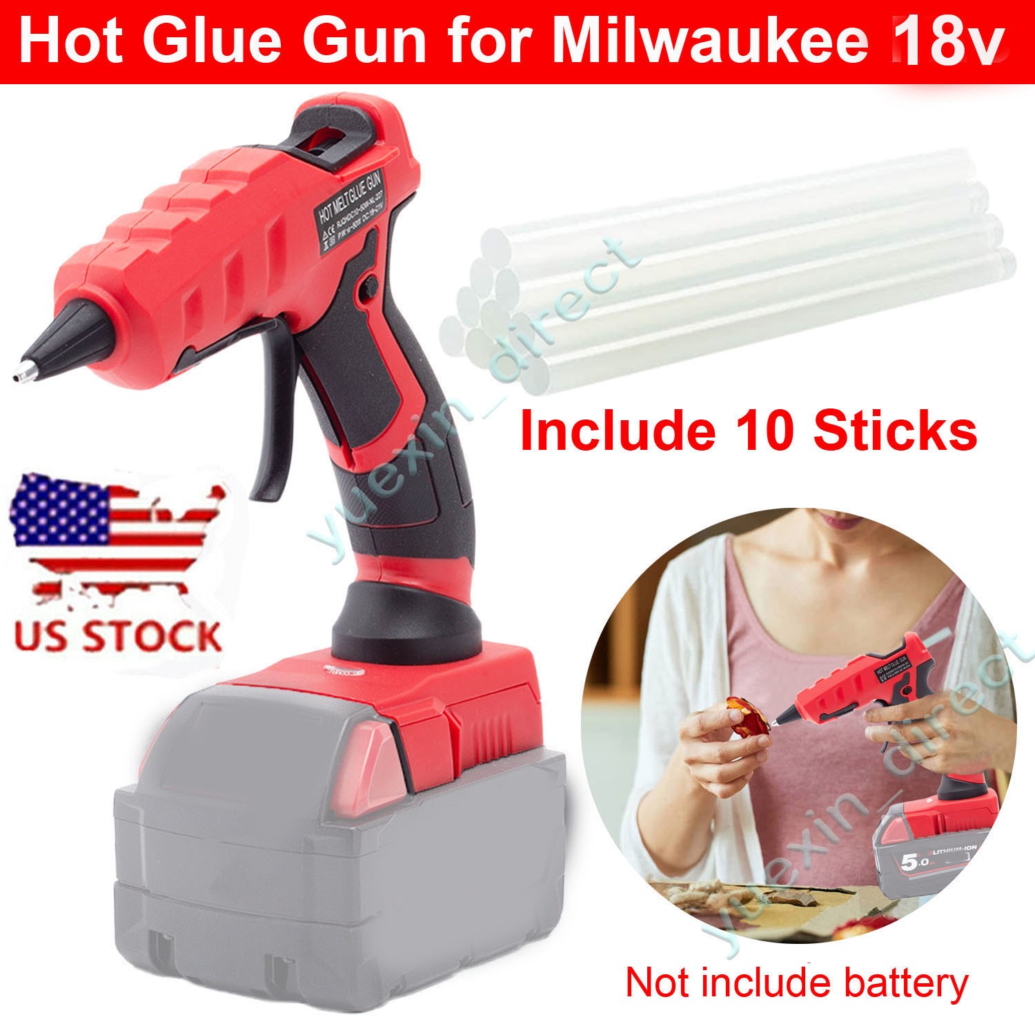 Cordless Hot Melt Glue Gun W/10 Sticks Heat Gun For Milwaukee 18V Li-ion Battery