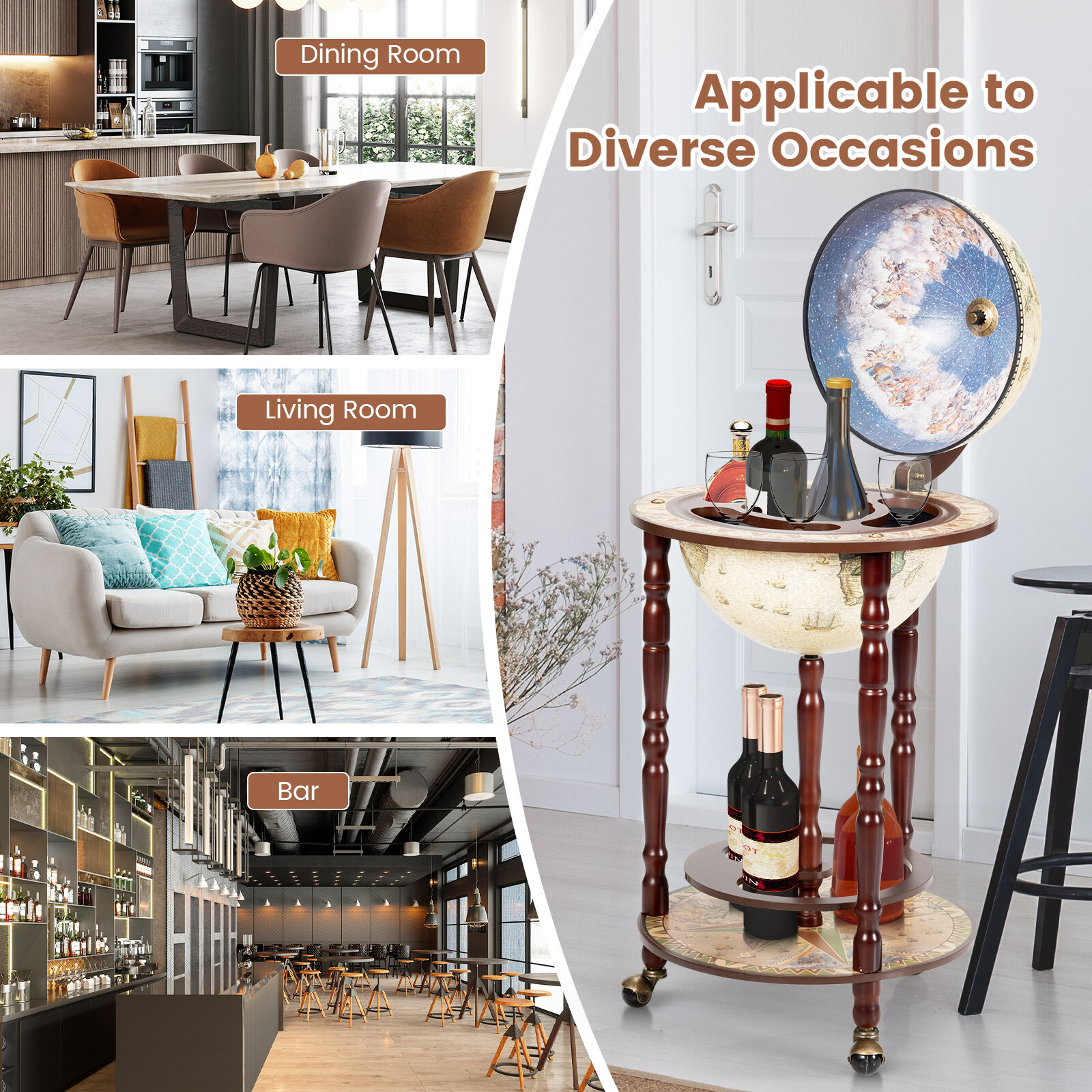 17.5" Wood Globe Wine Bar Stand Liquor Bottle Shelf Cart 16th Century Italian