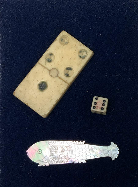 Revolutionary War Era Game Pieces Domino, Stamp Act Dice, & Poker Chip with Case