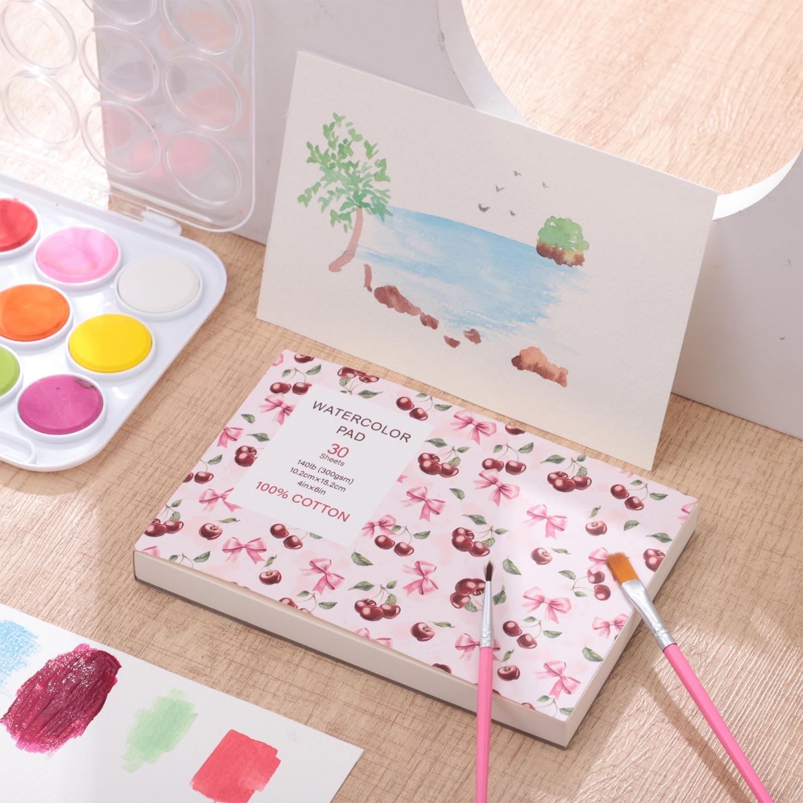 30 Sheets Watercolor Paper Pad with 2 Pcs Watercolor Brush, 140 lb/300 GSM