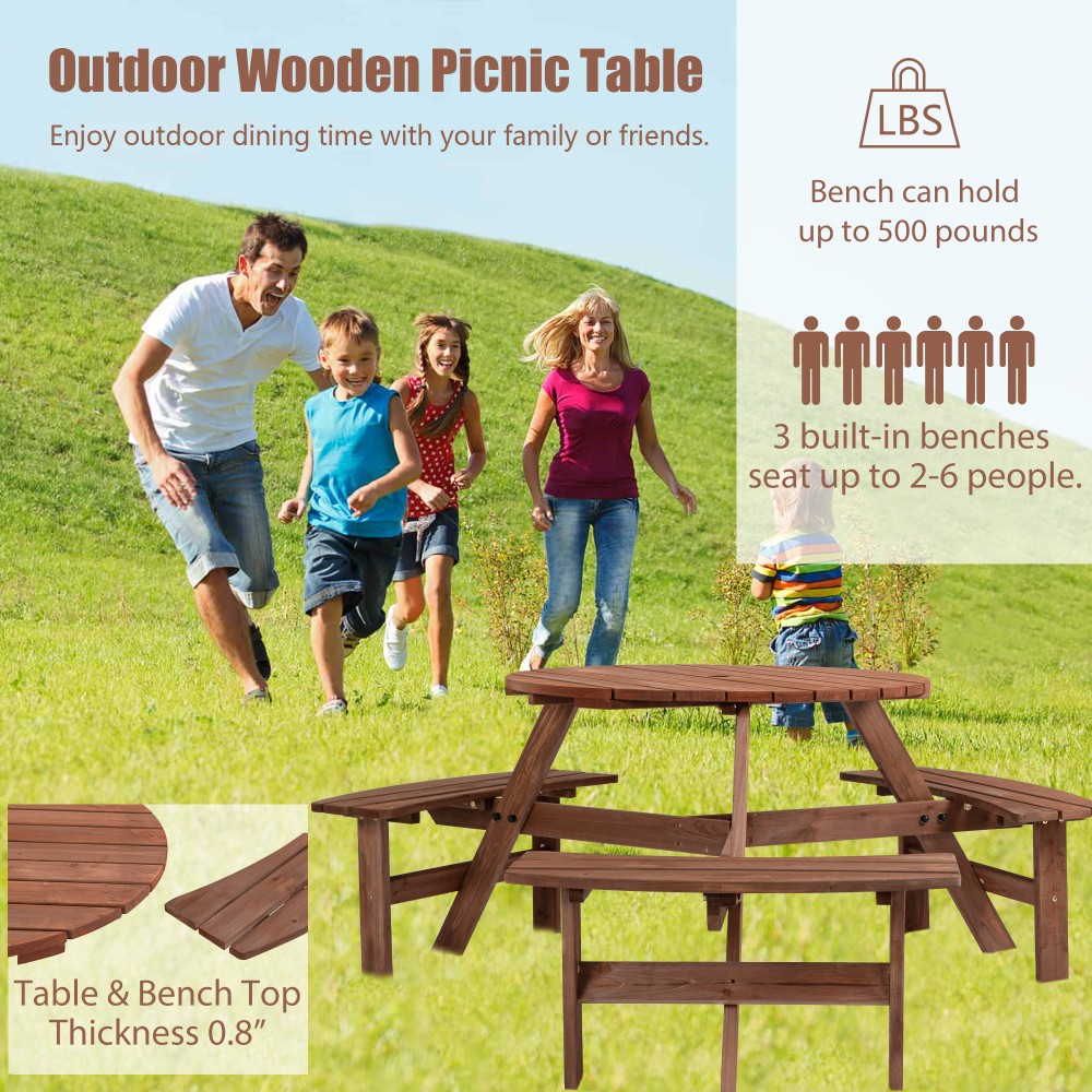 6-Person Outdoor Wooden Picnic Table w/ 3 Built-in Benches, 1720lb Capacity