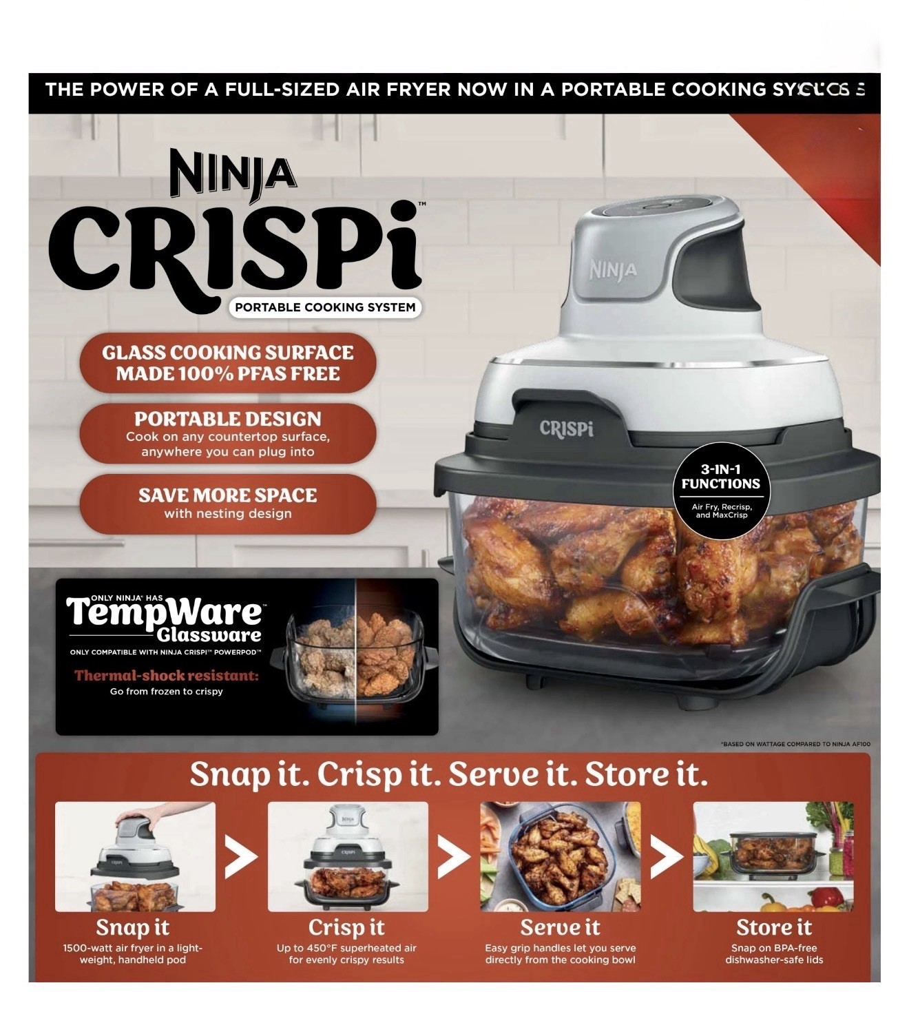 Ninja Crispi 3-in-1 Glass Air Fryer, 4-Qt Glass Container with Lid, White