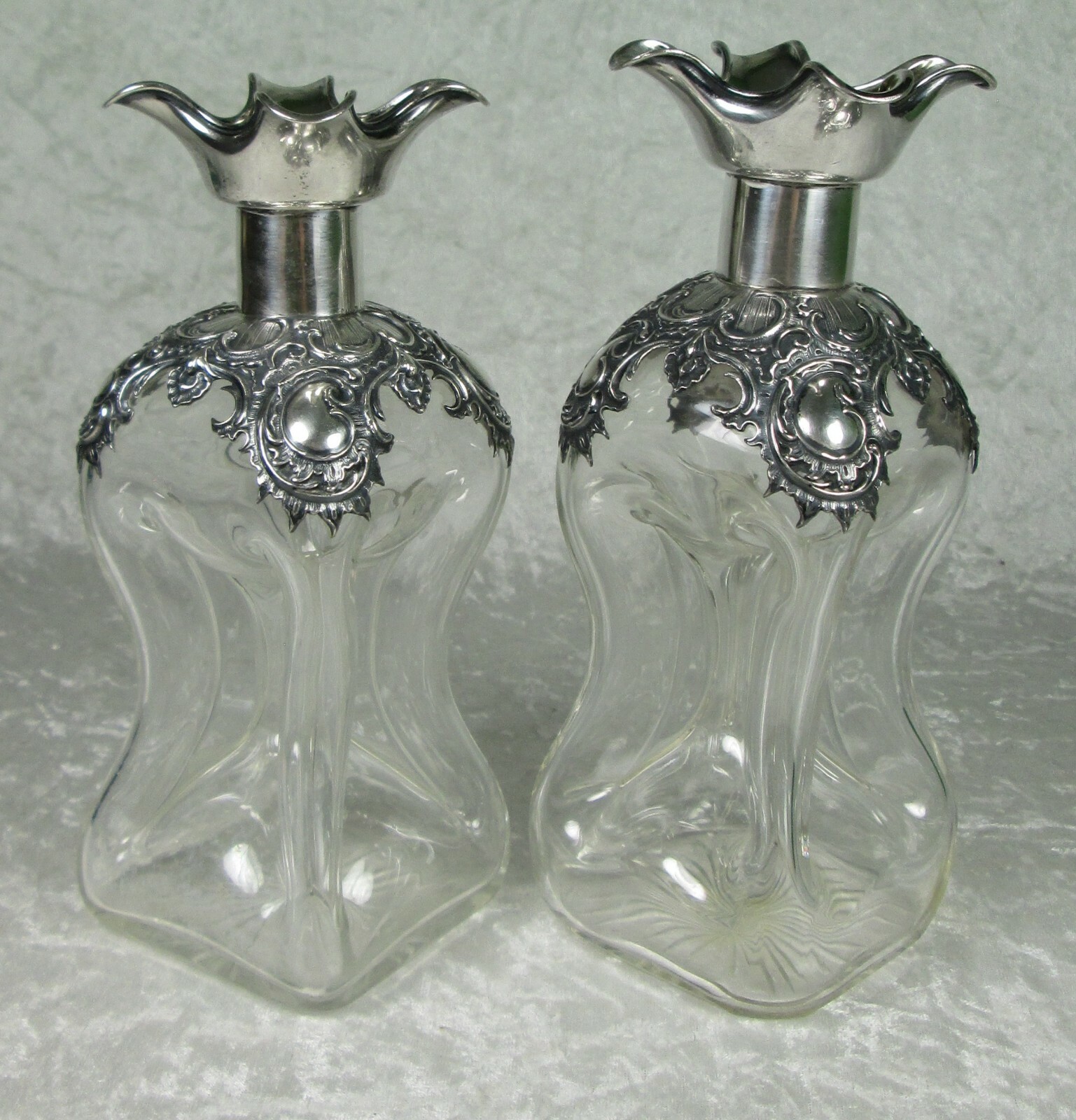 Wilhelm Binder Art Nouveau Decanters 800 Silver Overlay Pinched Glass Antique