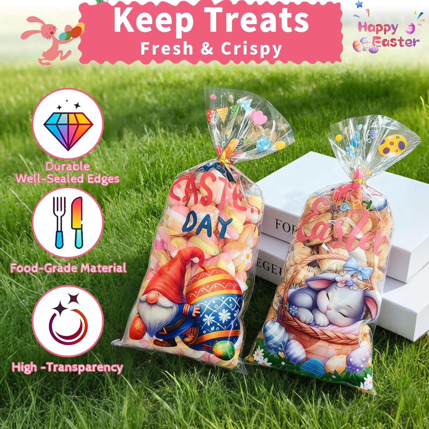 50 Pcs Easter Cellophane Treat Bags: Clear Easter Cellophane Goodie Bags with 60