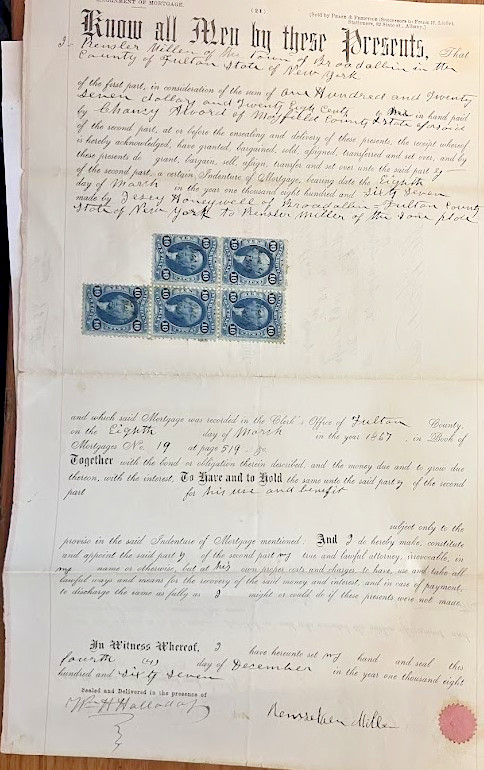 1867 FULTON COUNTY NH MORTGAGE WITH STAMPS