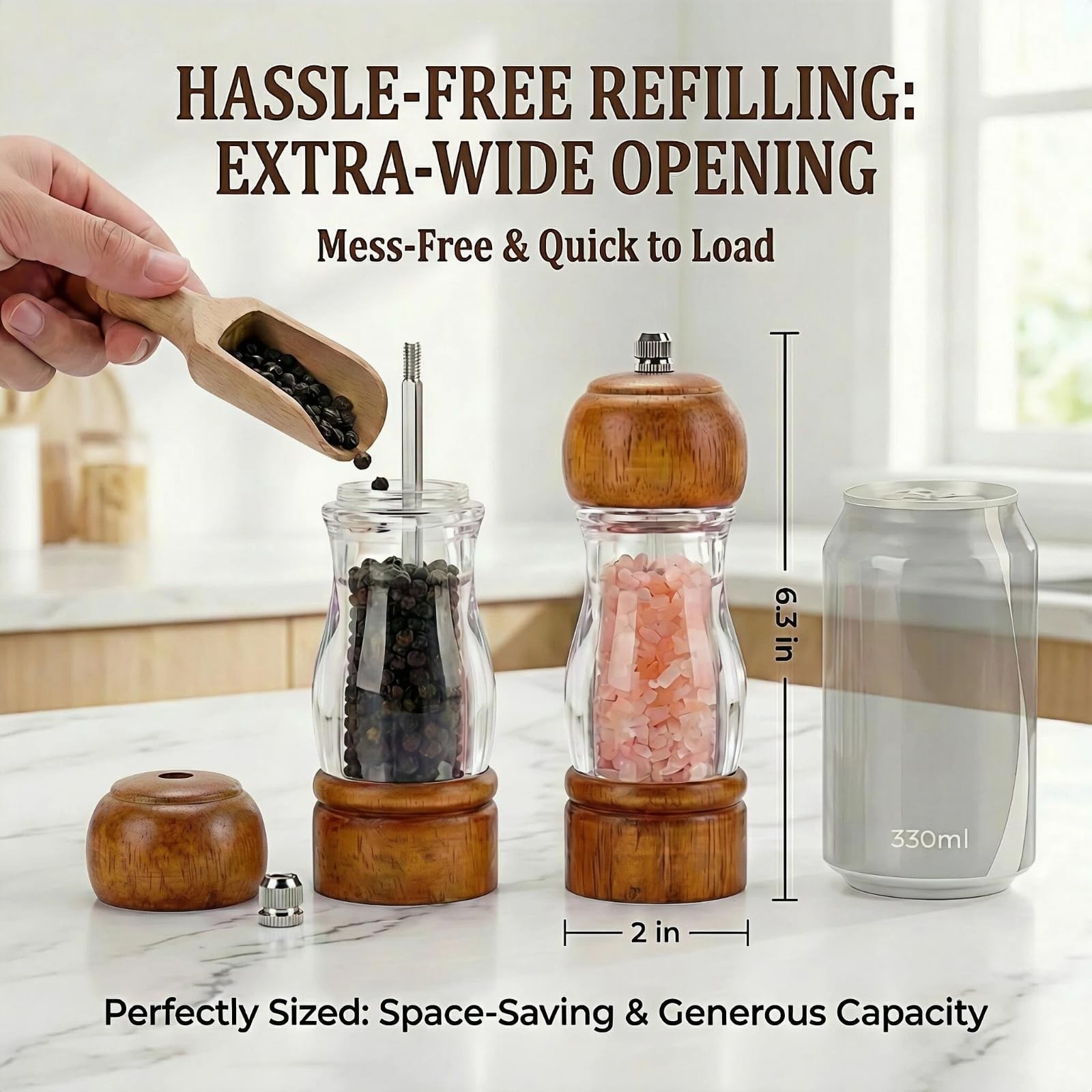 Wood Salt and Pepper Grinder Set 6.3in Adjustable Ceramic Mills w/ Tray