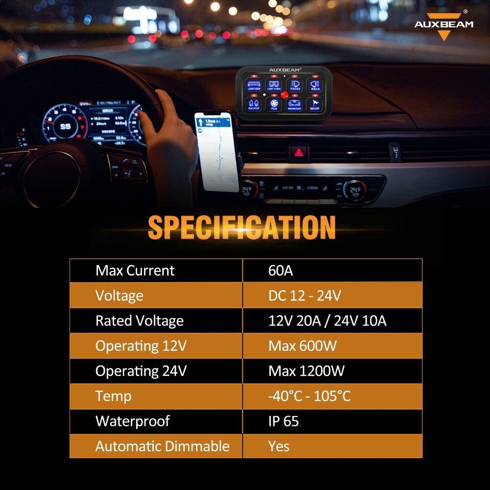 AUXBEAM 8 GANG LED SWITCH PANEL KIT AUTOMATIC DIMMABLE OFF ROAD LIGHT CONTROLLER