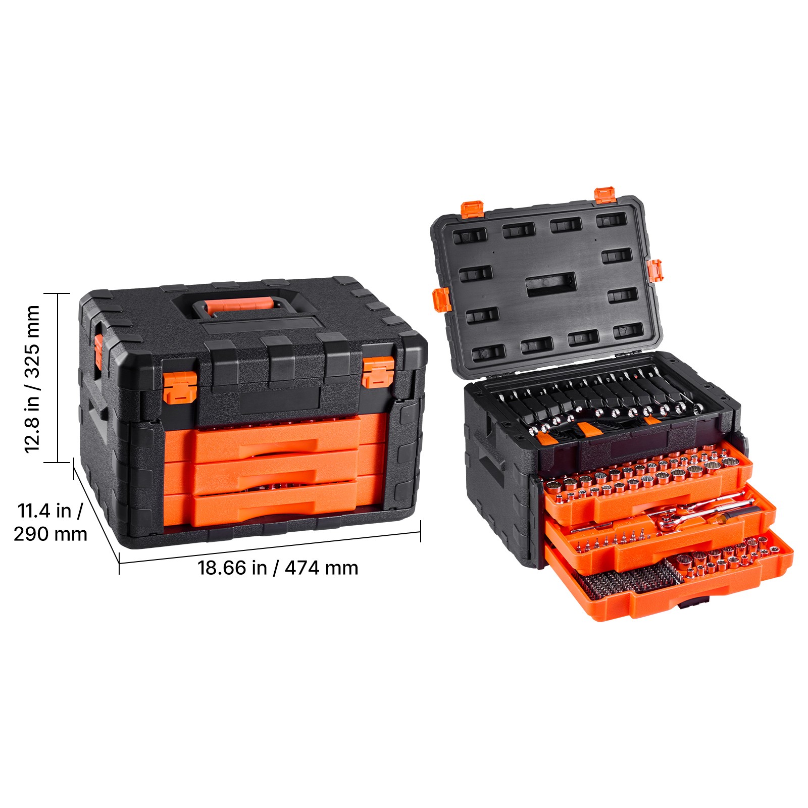 Mechanics Tool Set Socket Set 450Pcs 1/4 3/8 1/2 in Drive Orange Drawer