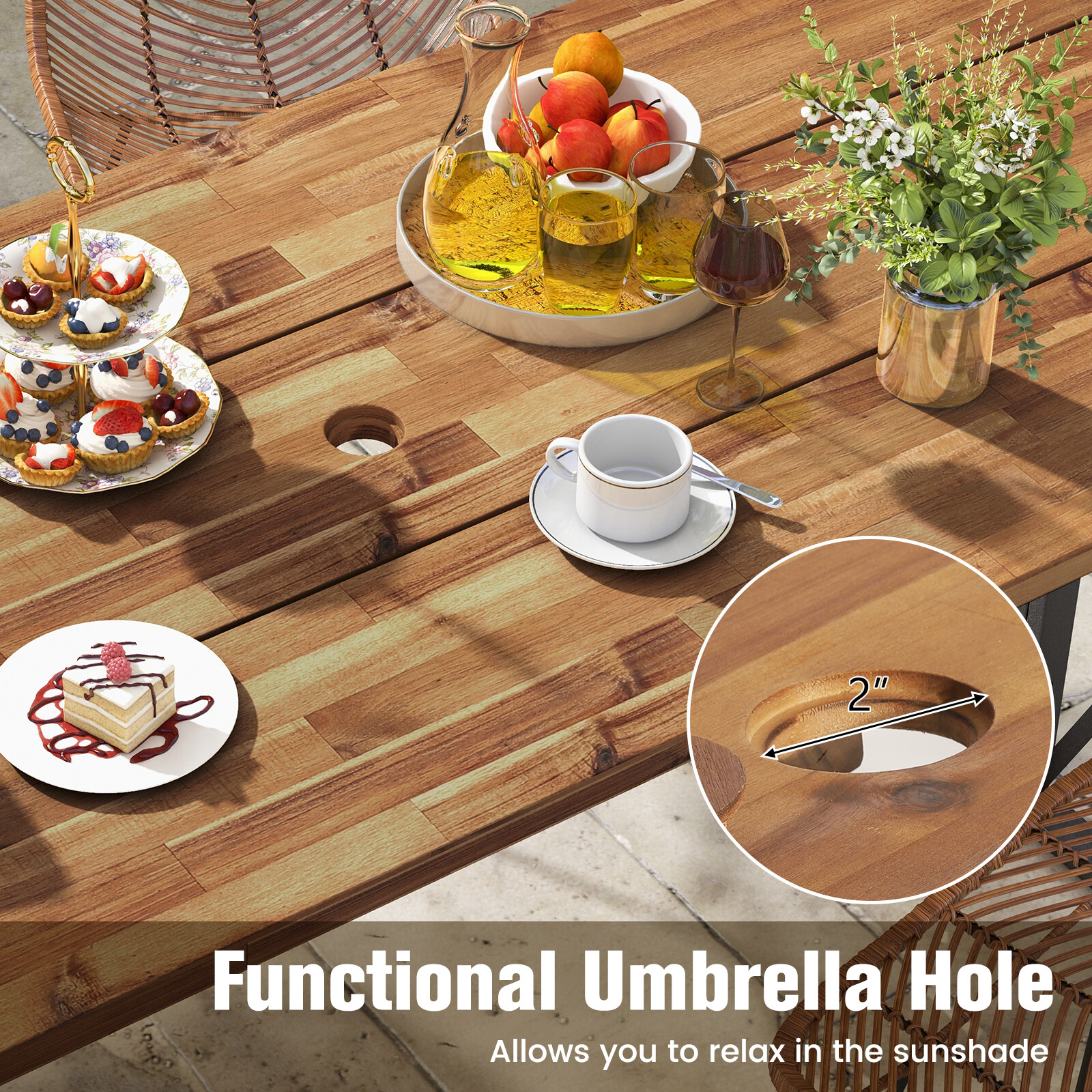Patio 67" Rectangle Table Heavy-Duty Acacia Wood Dining Table with Umbrella Hole