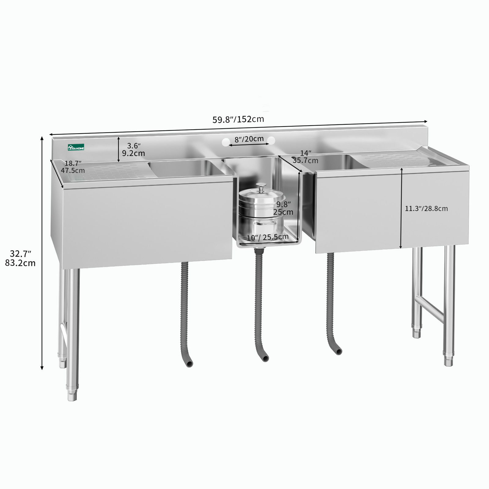 Freestanding Kitchen Sink 3 Compartment Stainless Steel Sink w/Double Drainboard