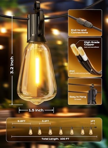 50-200FT Outdoor 2700K LED String Lights Patio Lights, ST38 Shatterproof