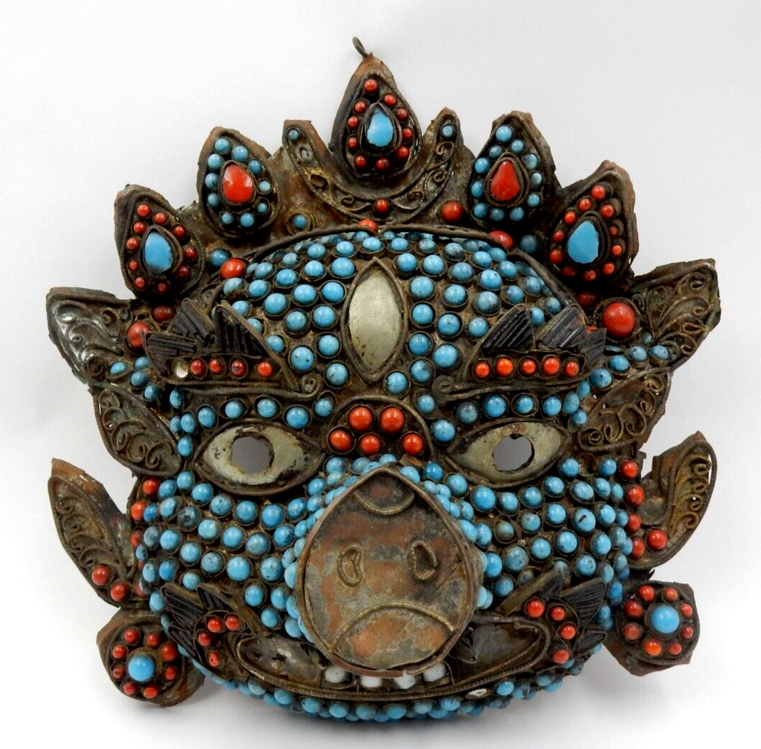 ANTIQUE HANDMADE MAHAKALA PIG FACE MASK ~ TIBETAN NEPALESE HINDU BUDDHIST MASK
