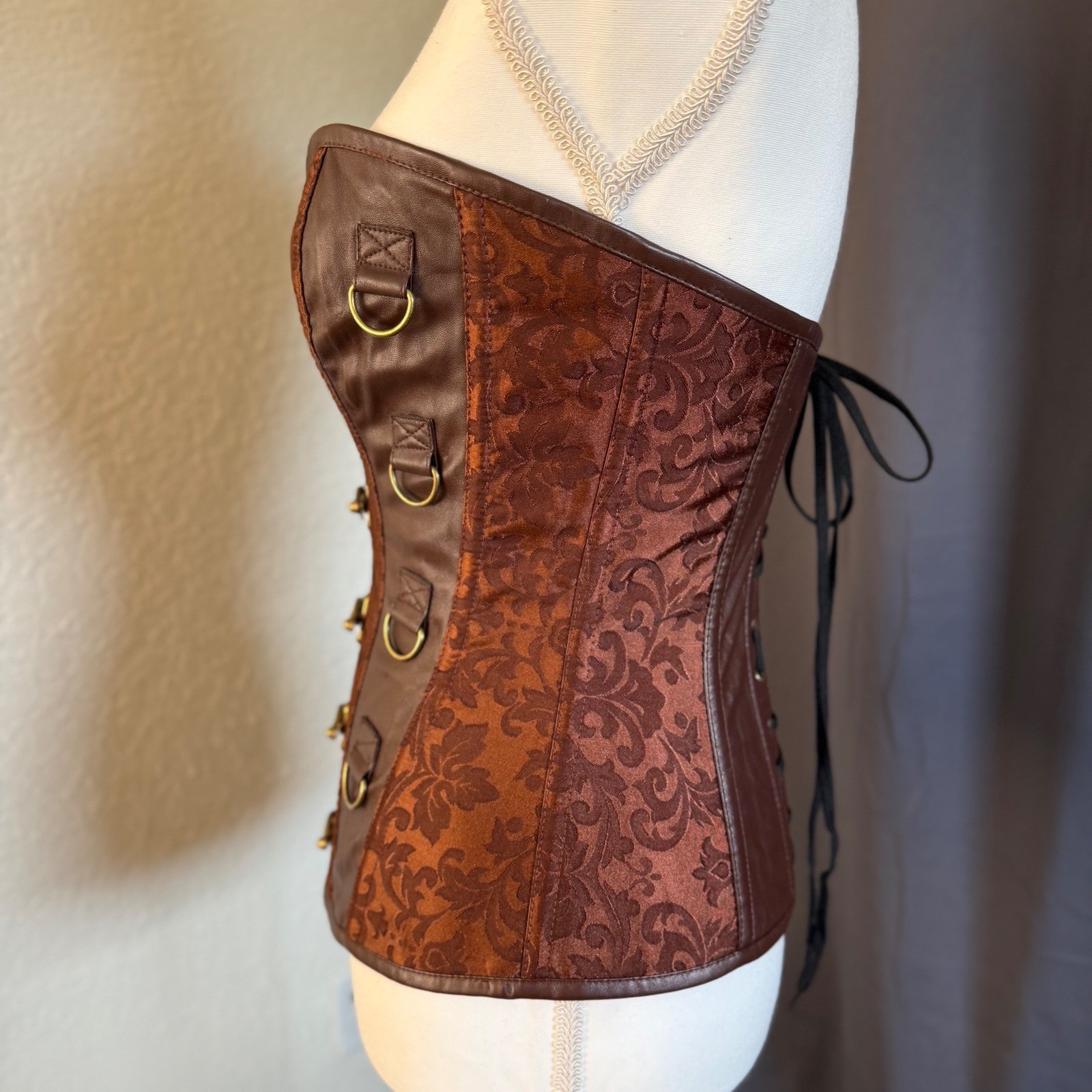 Steampunk Corset Brown Damask Faux Leather Hook Eye Small