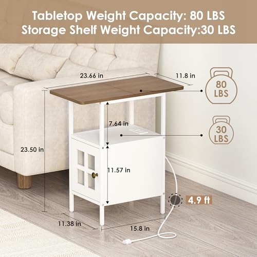 Farmhouse Narrow Side Table with Charging Station - 3-Tier End White-glass