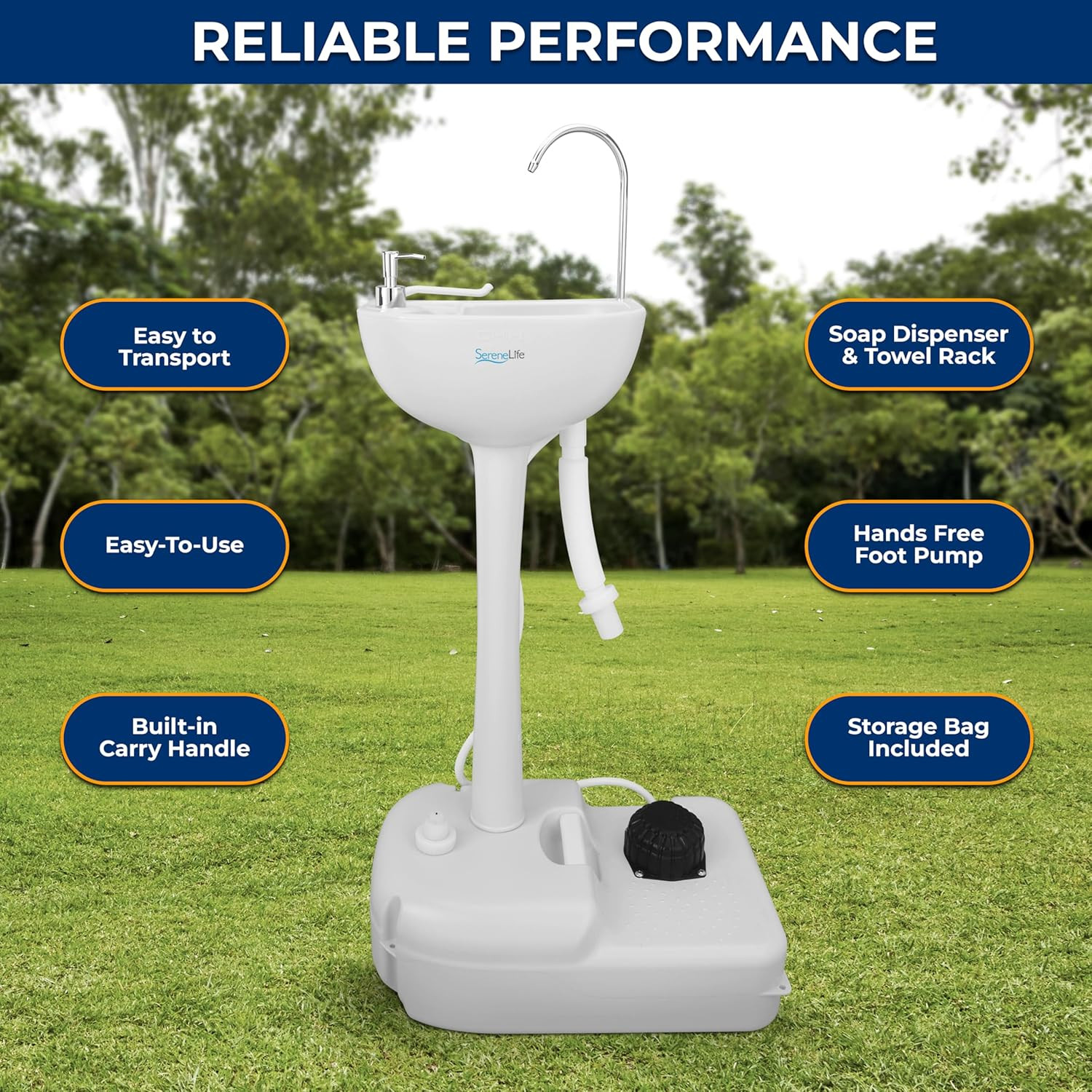 Camping Sink Portable Hands Free Foot Pump Towel Holder Soap Dispenser Compact