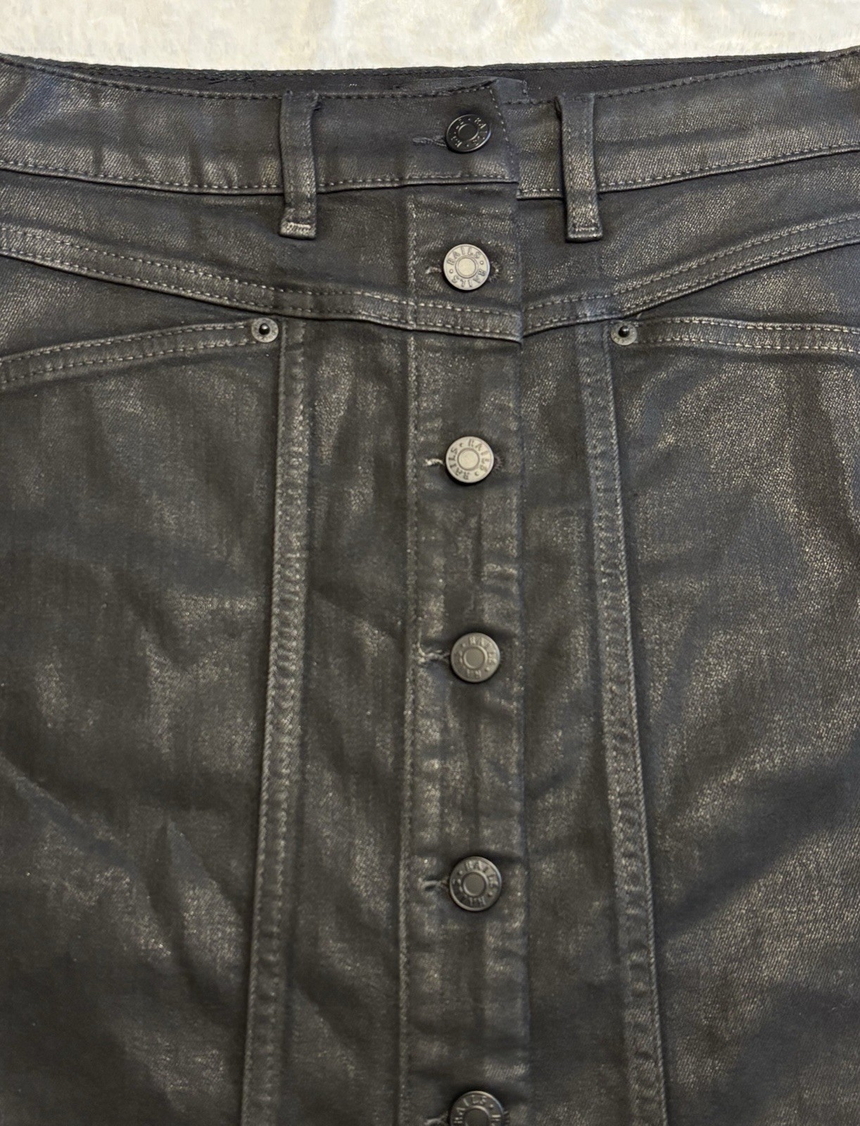 Rails Coated Denim Button Front Midi Skirt Black Leather Look High Waist Size 26