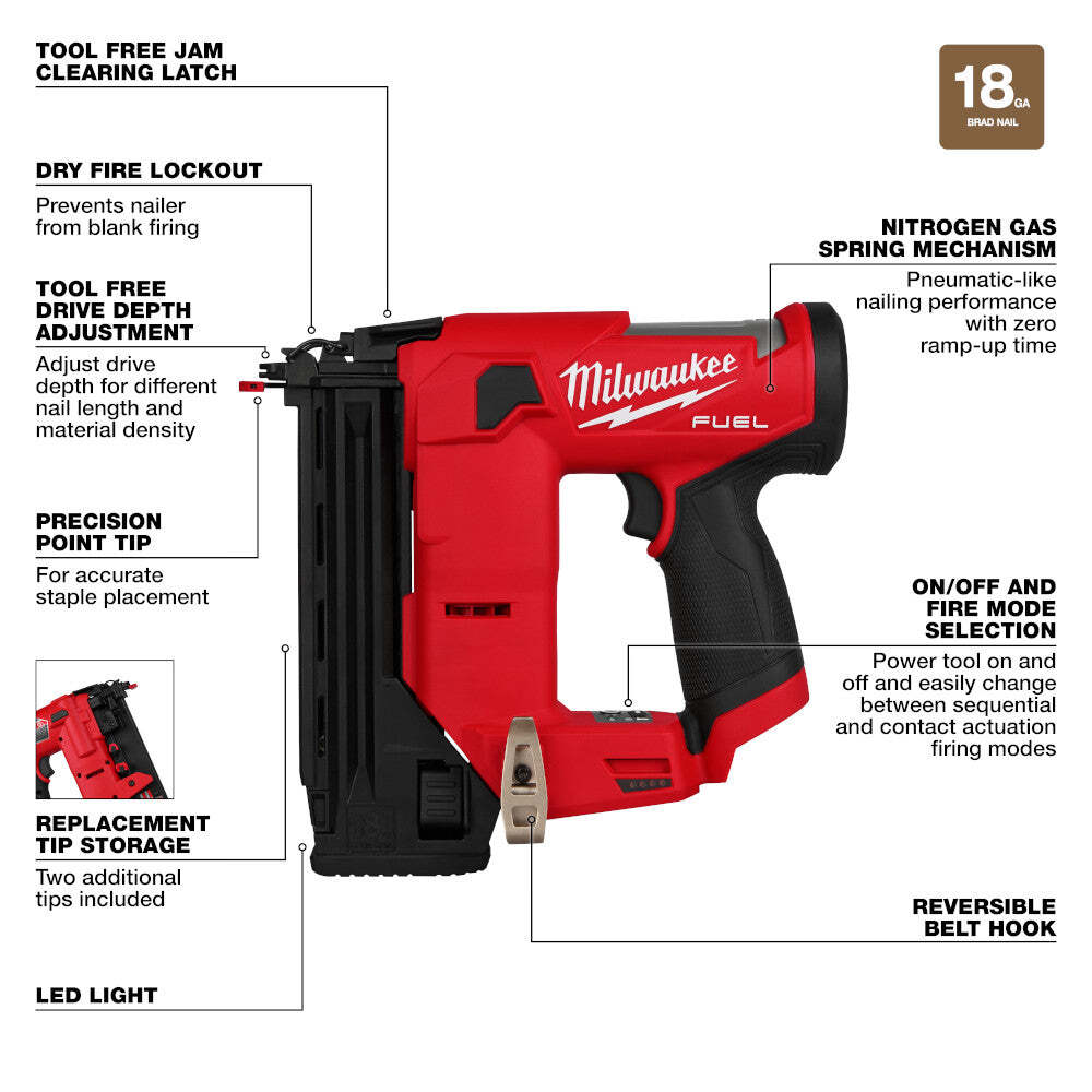 Milwaukee 2541-20 M12 FUEL 12V 18 Gauge Compact Brad Nailer - Bare Tool