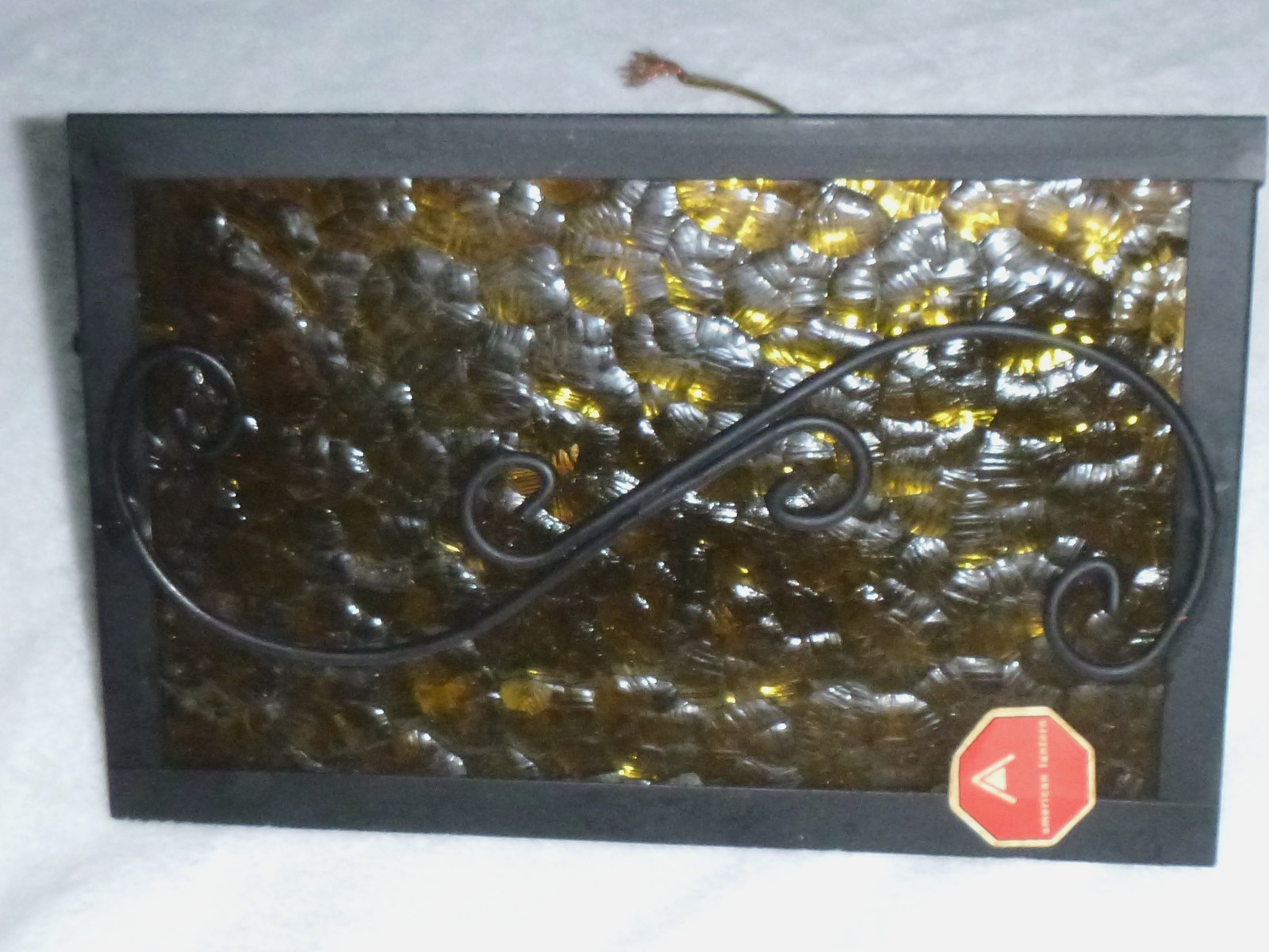 PAIR NOS Vtg 1969 Amber Glass & Black Metal Trianglular Indoor /Outdoor Sconces