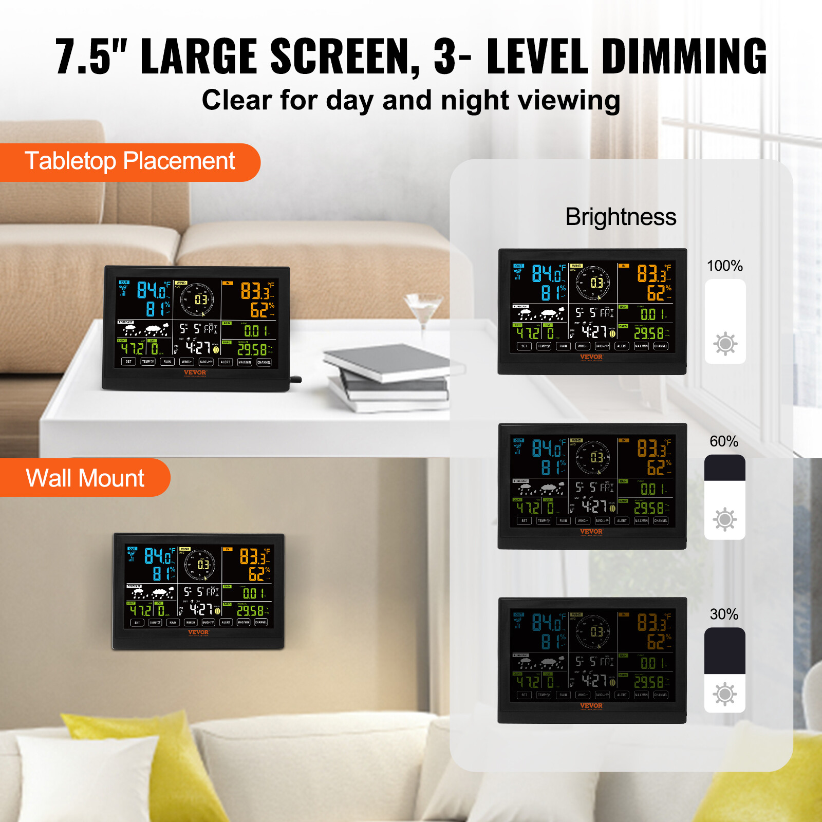 7-in-1 Wireless Weather Station 7.5 in Large Display for Indoor Outdoor