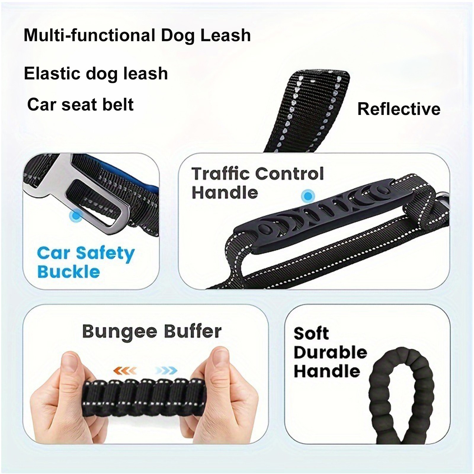 4-in-1 Bungee Dog Leash Car Seat Belt Adjustable Walking Anti-Pull Leash 5-6.3FT