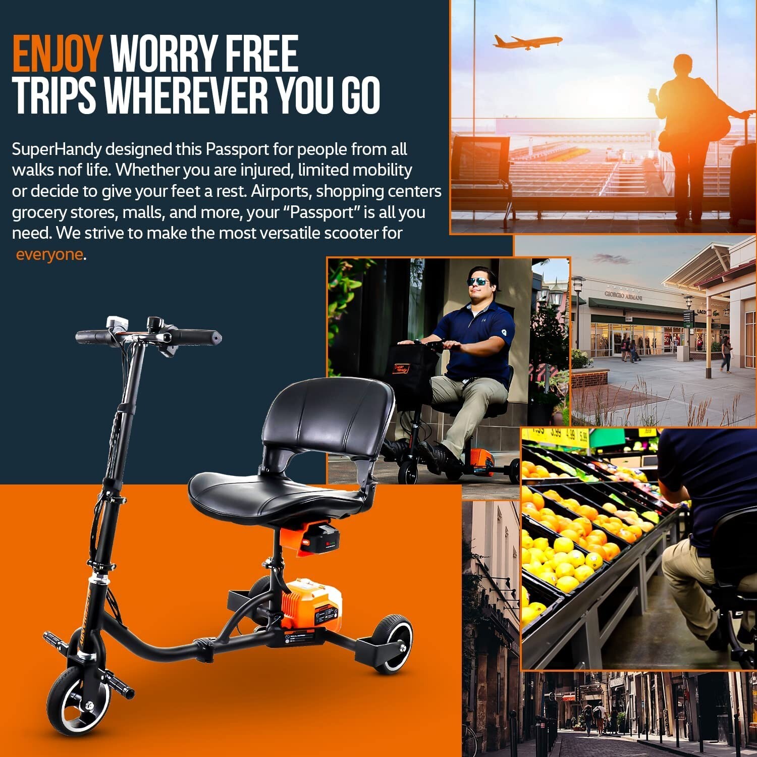 SuperHandy 3 Wheel Folding Electric Powered Long Range Travel Mobility Scooter