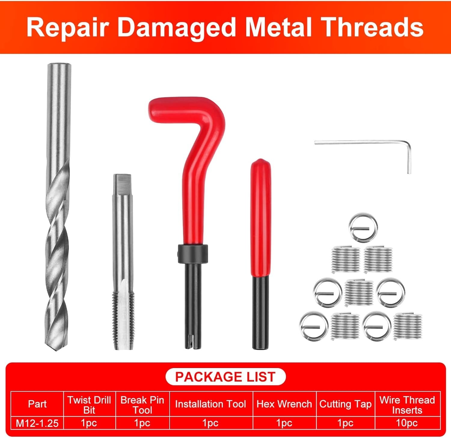 M12x1.25 Thread Repair Kit, 15PC Stainless Steel Helicoil Insert Set