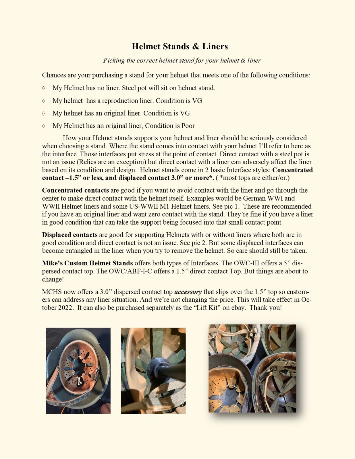 OWC-I-C Helmet Stands w/ height & Finish options, Lg & Sm dia. Tops &"Lift Kit"