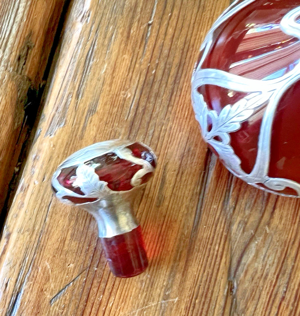Gorham Perfume D952 Antique Art Nouveau Bottle American Red Glass Silver Overlay