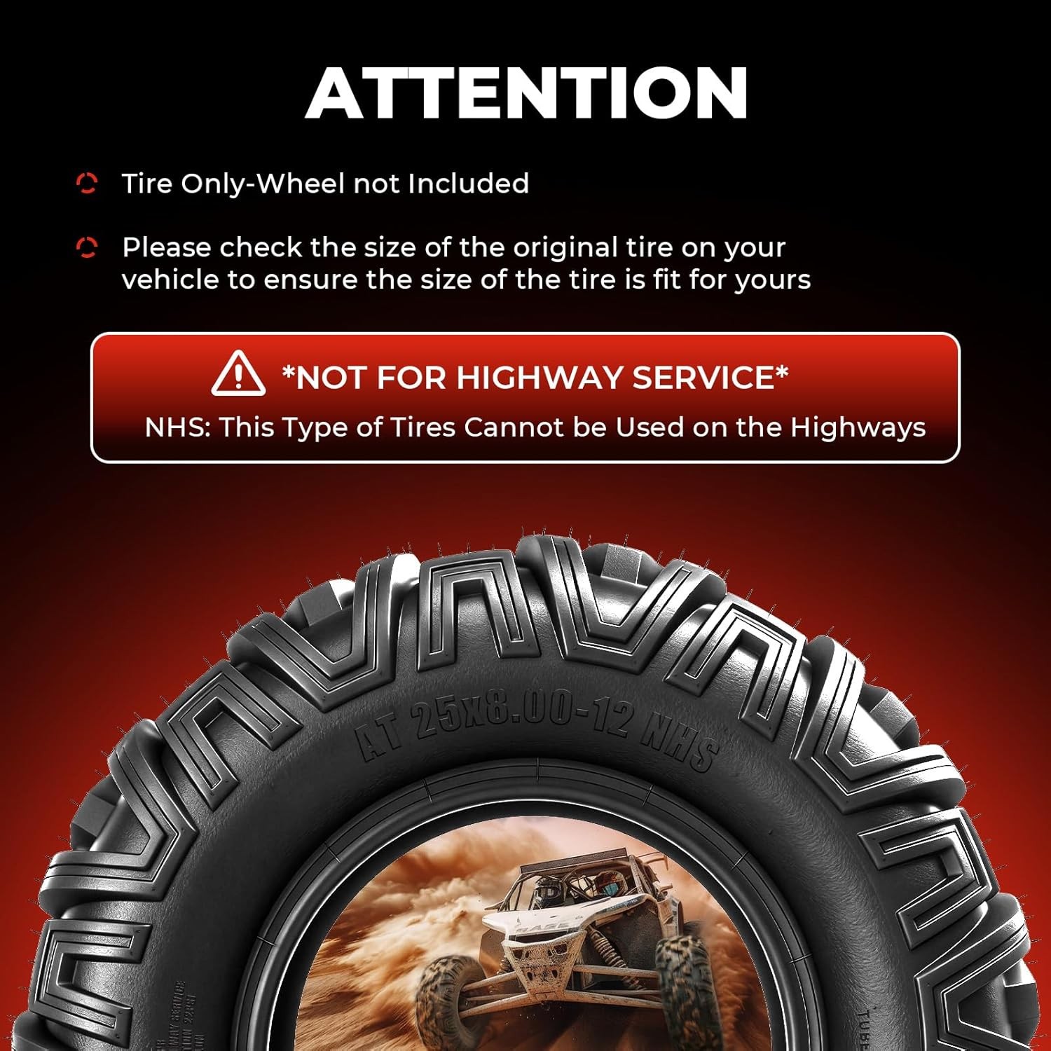 ATV/UTV Tires 25x8-12 Front & 25x10-12 Rear All-Terrain Mud Tires 6-Ply Set of 4