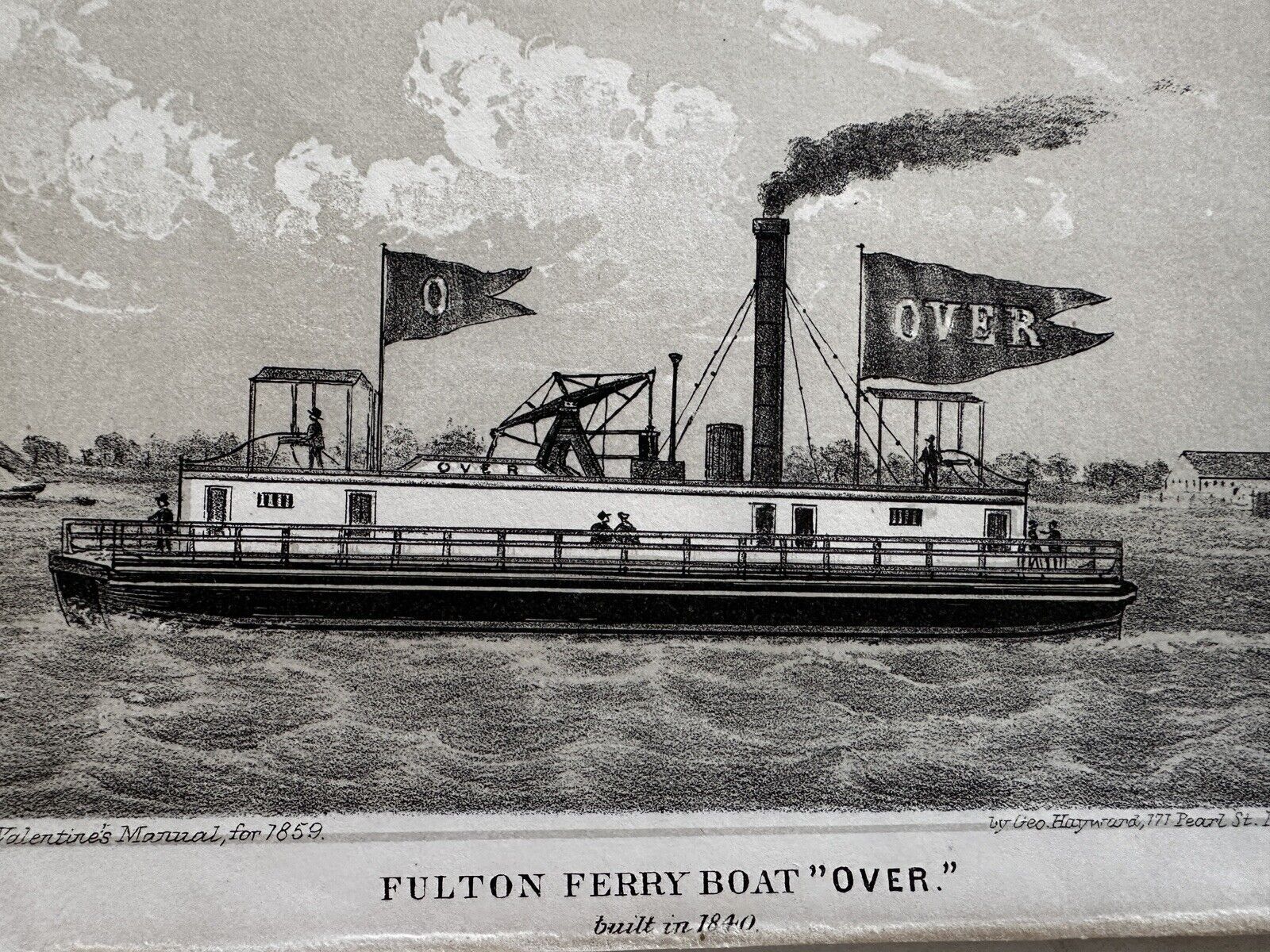 NYC Fulton Ferry boat “Over” 1859 antique lithographed Hayward nautical print
