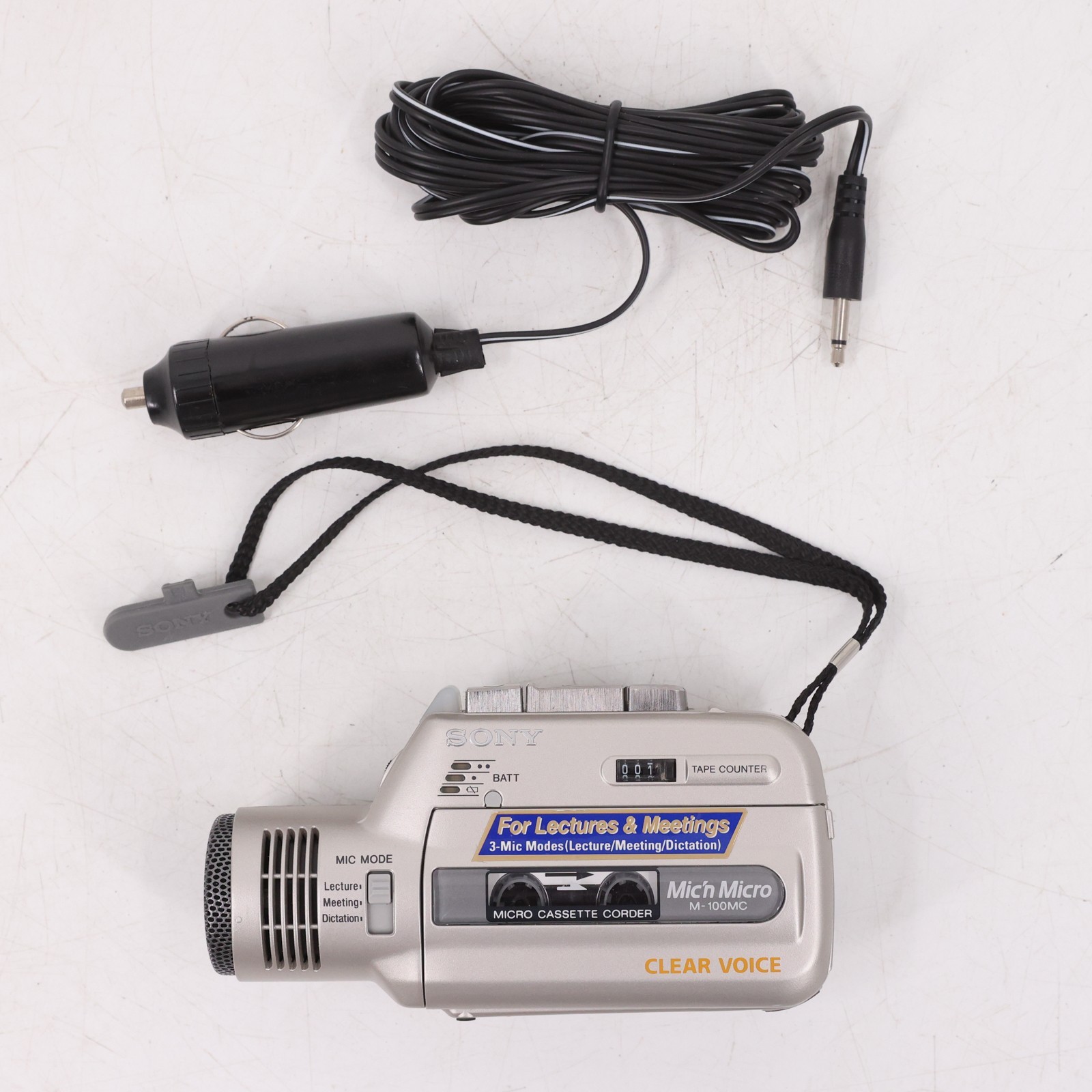 Sony M-100MC Microcassette Corder Voice Recorder Clear Voice Car Power Adapter