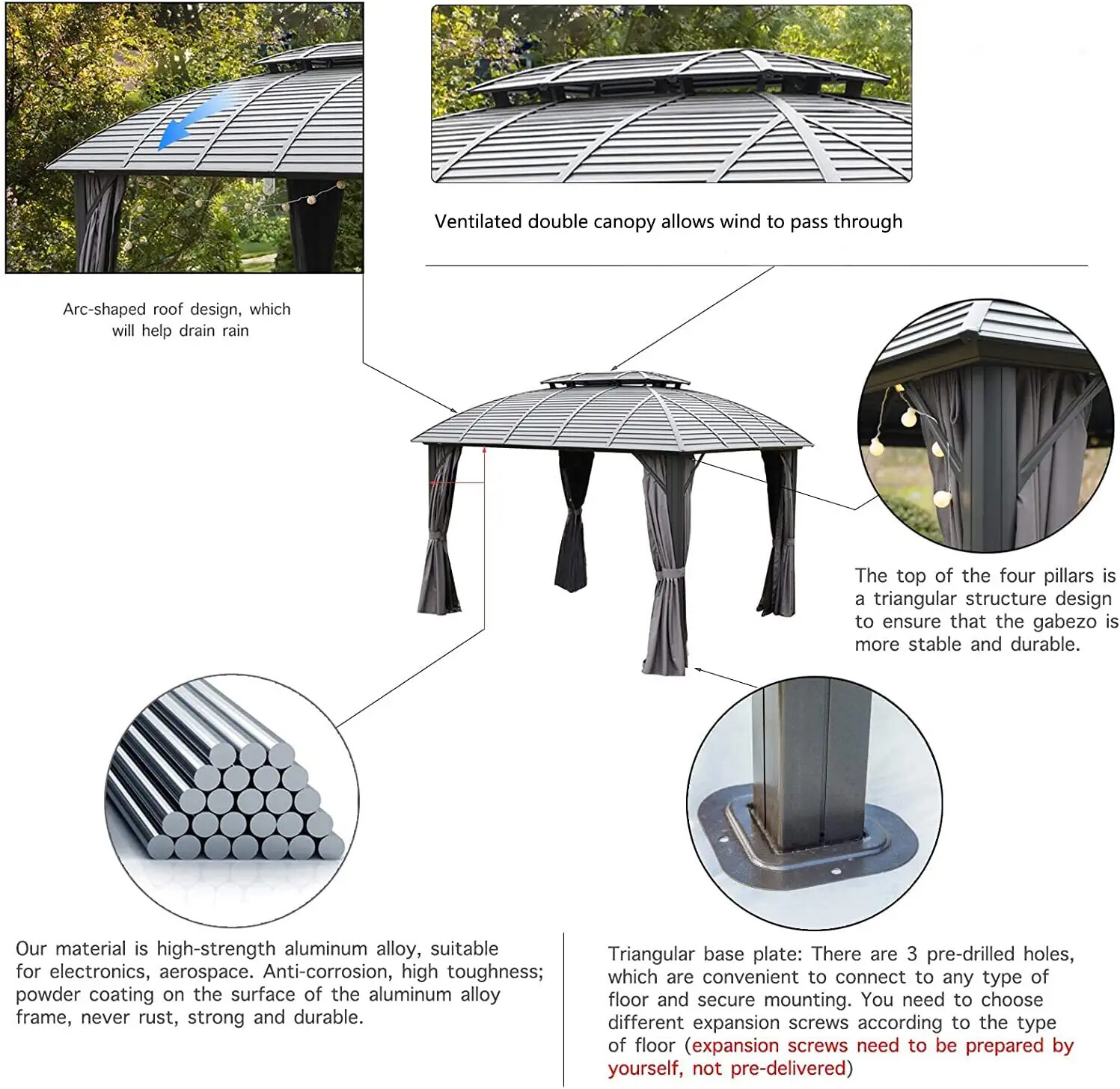 10' x 12' Hardtop Gazebo Outdoor Aluminum Arc Gazebo for Patios Double Roof