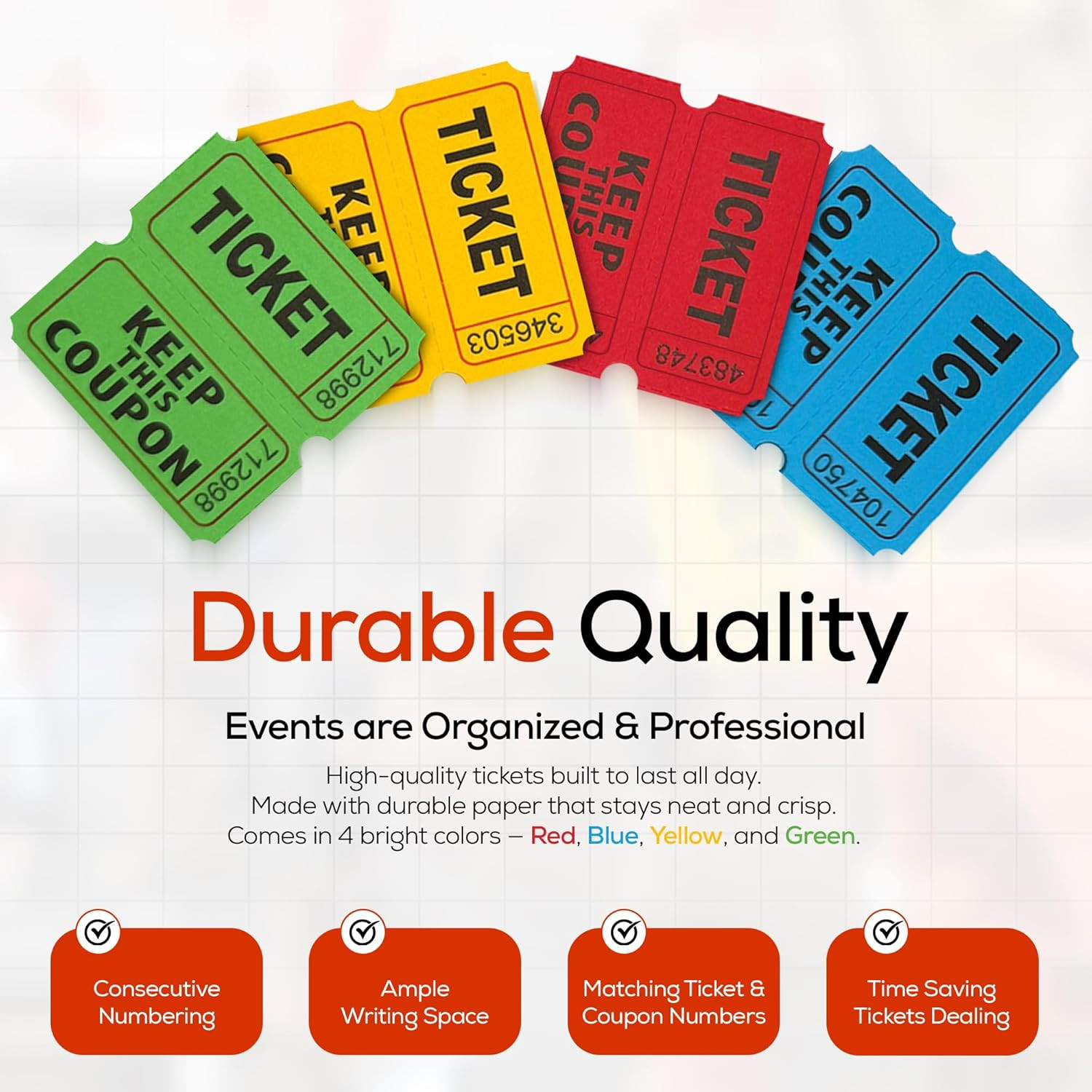 1000 Pairs (2000 Pcs) Raffle Tickets, 50/50 Double Raffle Tickets (Blue/Red/Gree