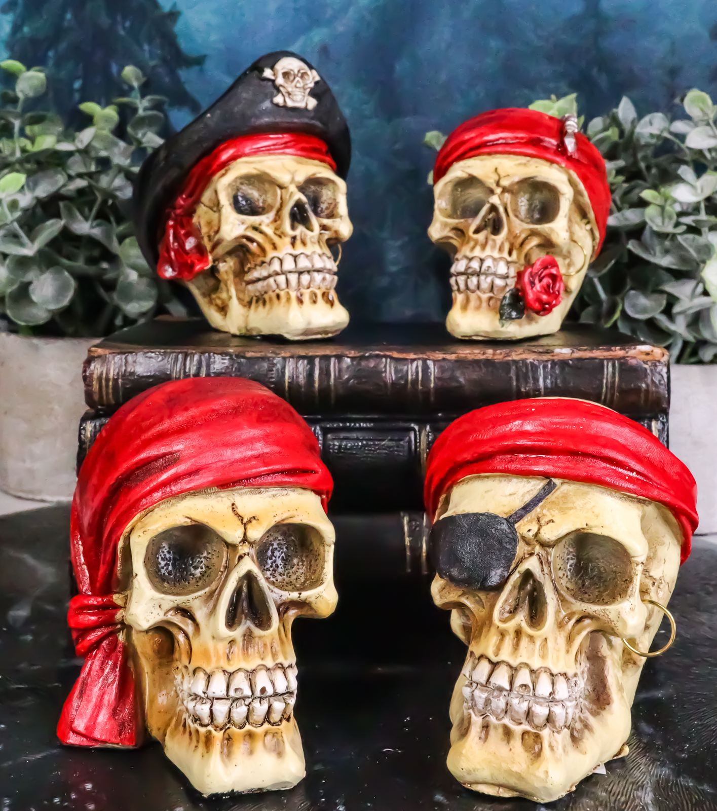 Ebros Set of 4 Skeleton Pirate Captain Marauders Caribbean Sea Skulls Figurine