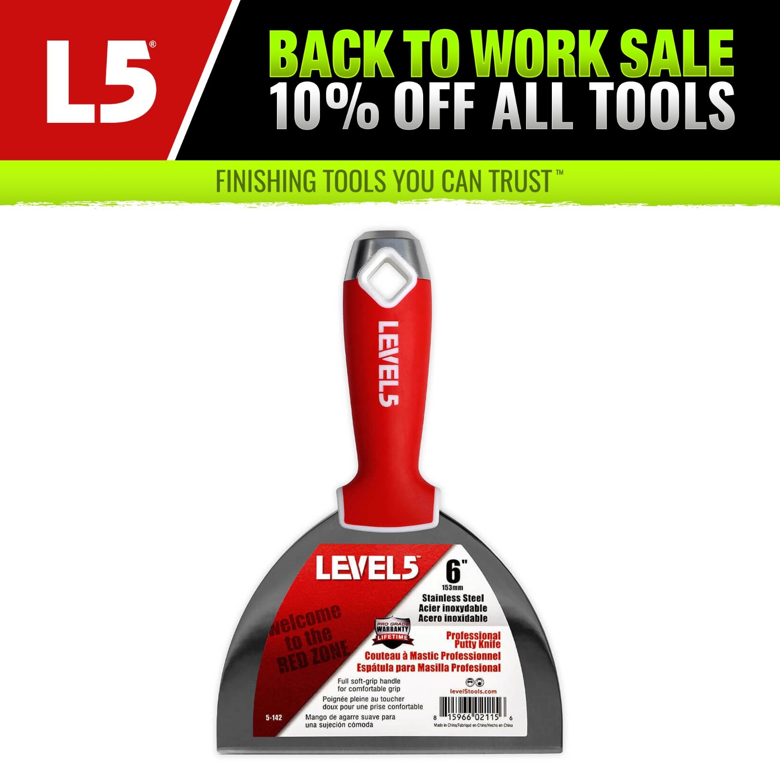 6" Drywall Joint Knife - Stainless Steel w/ Soft Grip Handle | LEVEL5 | 5-142