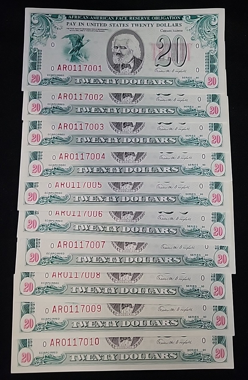 (10) 1980's $20 AFRICAN AMERICAN FACE RESERVE OBLIGATION "AFRO" Notes CRISP UNC