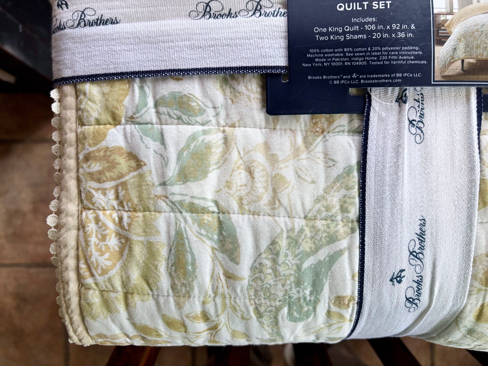 NEW Brooks Brothers Floral Bird King Size Cotton Quilt Set Scallop Border