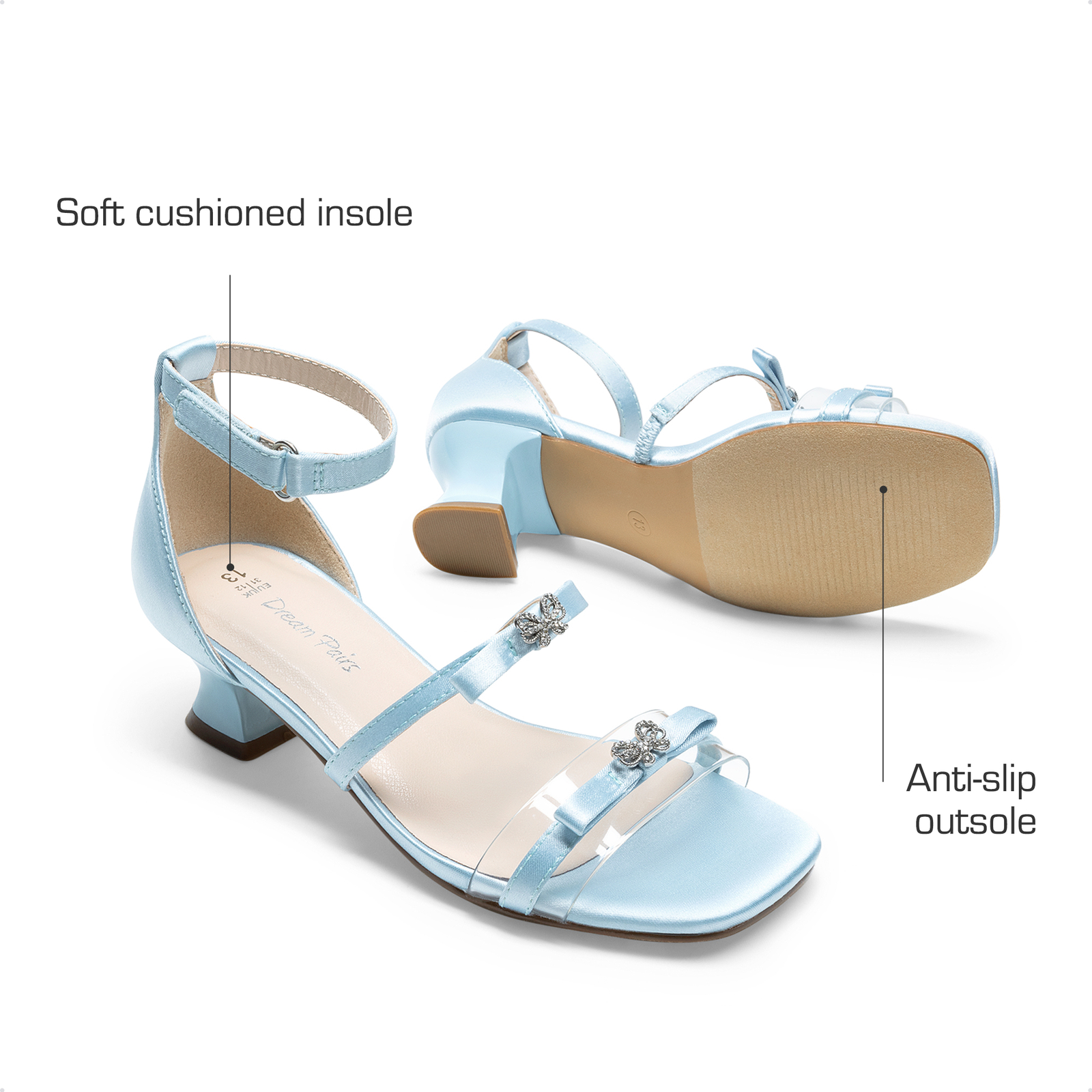 Girls Dress Sandals Low Heels Ankle Straps Wedding Party Princess Heeled Sandals