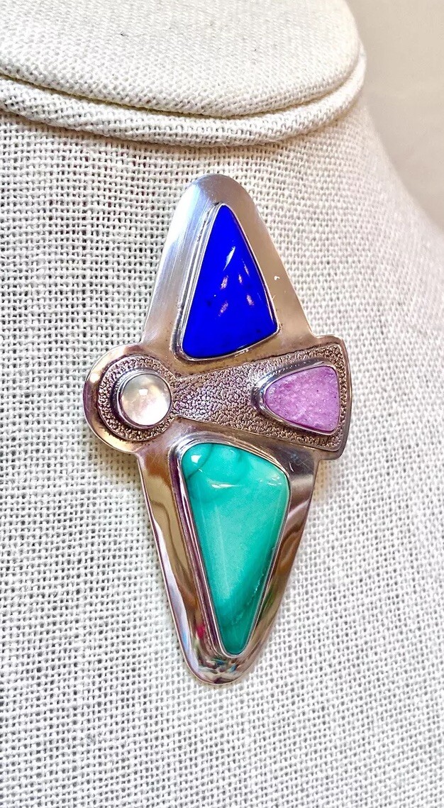 LOVELY Designer Signed Sterling Silver Lapis, Pink Druzy, Moonstone Angel Brooch