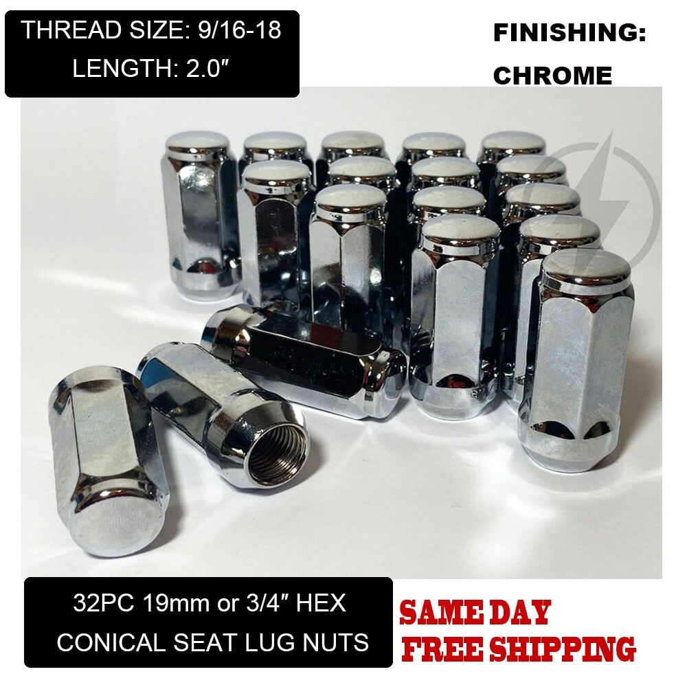 32 Chrome Bulge Acorn Lug Nuts XL 2" Tall 9/16-18 For 1987-1998 Ford F-250 F-350