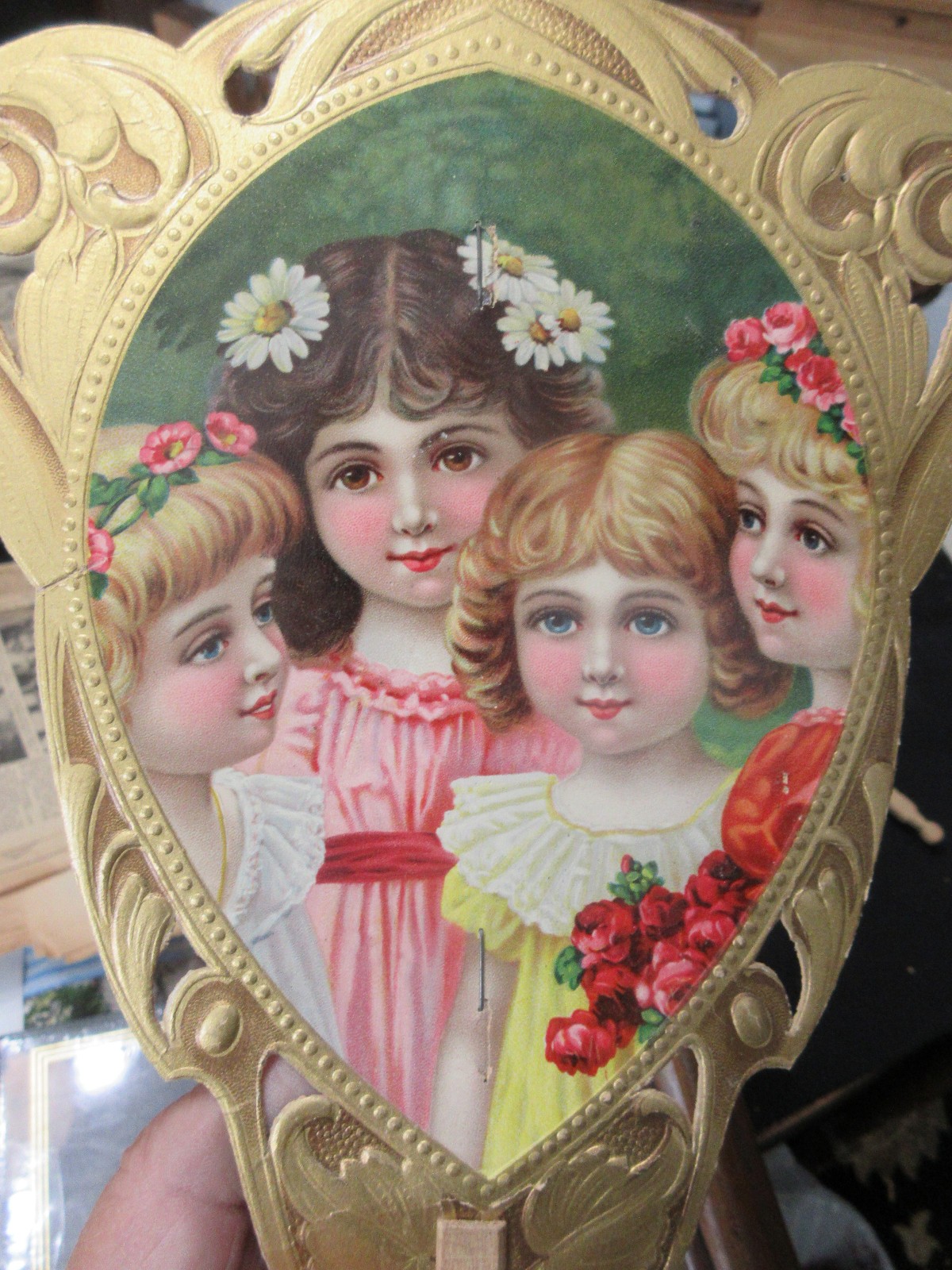 Antique 1920s Die Cut Advertising Hand Fan Sample Four girls