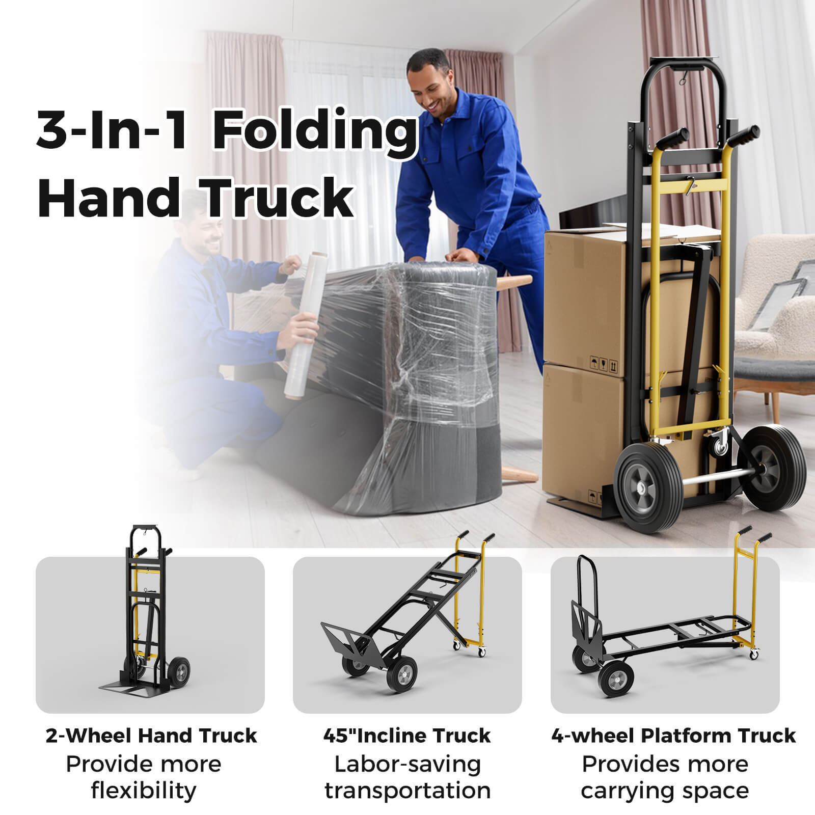 3-in-1 Convertible Hand Truck with 4 Rubber Wheels 1000 lbs Max Load Capacity